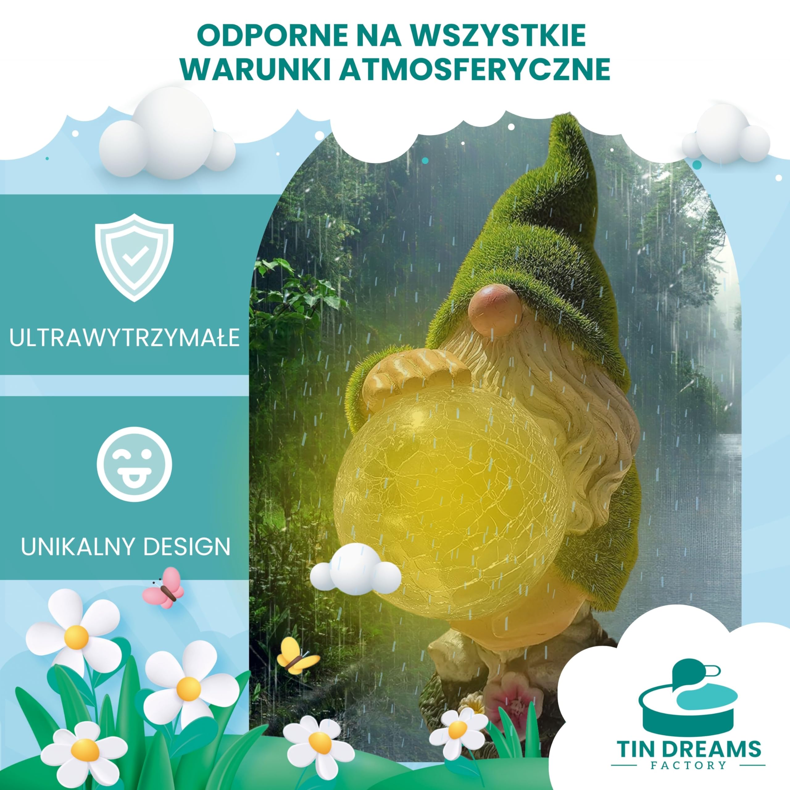 Krasnal ogrodowy Wróżka z światłem solarnym – dekoracyjna figurka ogrodowa z żywicy – krasnal zewnętrzny z podświetlaną bańką LED – zabawna ozdoba do ogrodu, na patio i taras