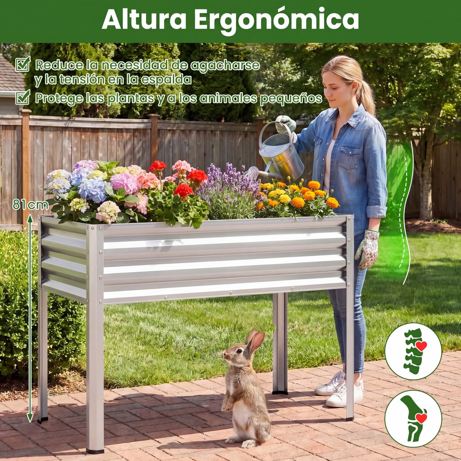 COSTWAY Huerto Urbano Terraza, Cama Elevada de Jardín de Metal con Recubrimiento Electroforético y Orificios de Drenaje, Jardinera Exterior Grande para Verdura, Flor, Fruta, 112x55x81 cm (Plateado)