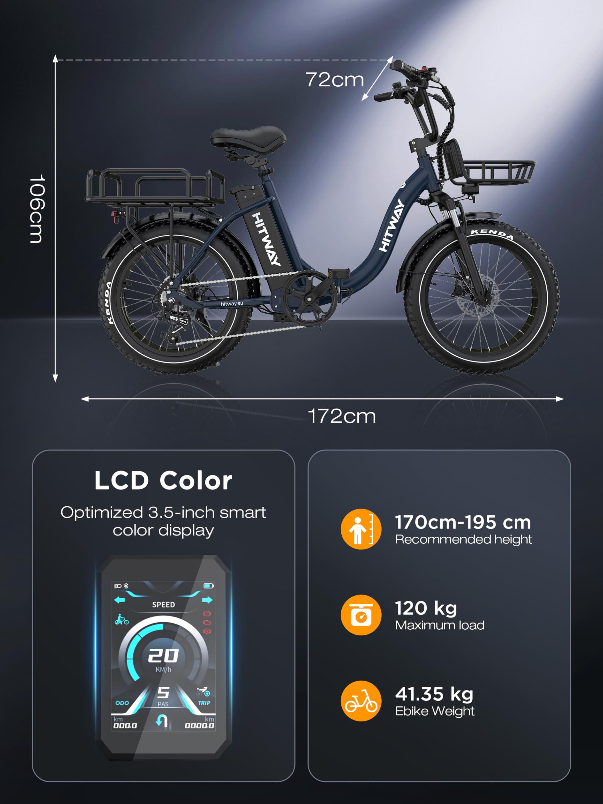 HITWAY Vélo Électrique, VAE 20" Fat Bike avec Batterie 48V 27Ah et Autonomie de 110–150 km, EBike de Ville avec Double Panier de Transport, Moteur 250W, 25 km/h, Transmission 7 Vitesses-BK6S Plus | Batterie 48V 27Ah, pneus Fat Tire 20", freins hydraulique