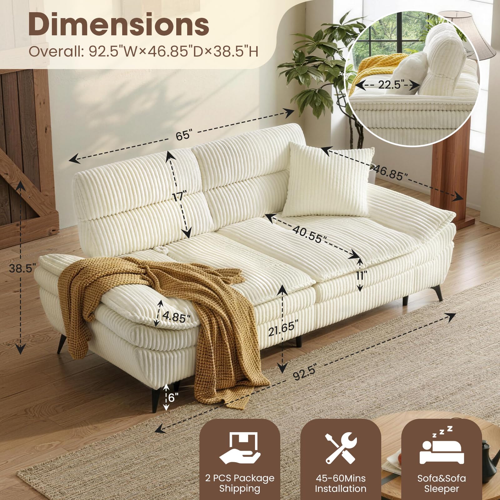Best Deep Seat Sofa Picks for 2026 3 COOSLEEP HOME COOSLEEP 92.5' Modern Corduroy Couch, Deep Seat Sofa Sleeper, Beig — product photo