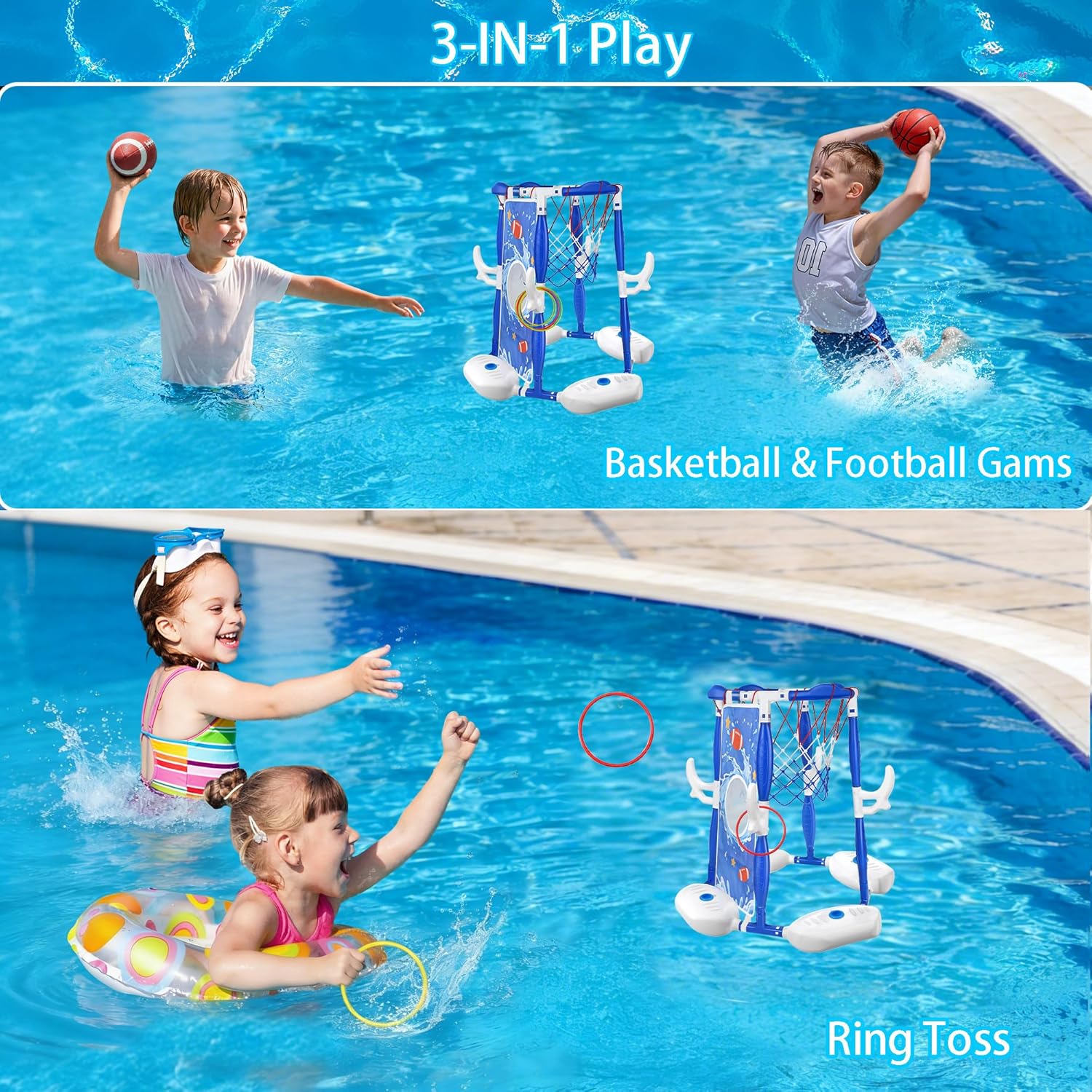 Pool Basketball Hoop, 3-in-1 Floating Basketball Hoop & Football Ring Games with 5 Balls 12 Rings and Pump, Outdoor Family Party Water Swimming Pool Basketball Games Toy for Kids Ages 4-8 8-12