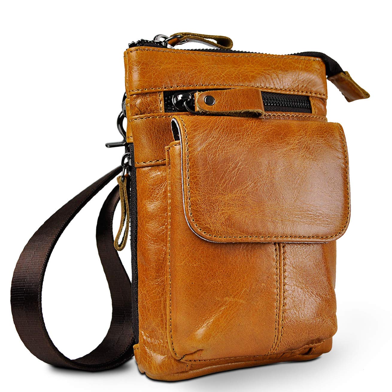 Le'aokuuMens Genuine Leather Fanny Small Messenger Shoulder Satchel Hook Waist Bag Pack (Brown)