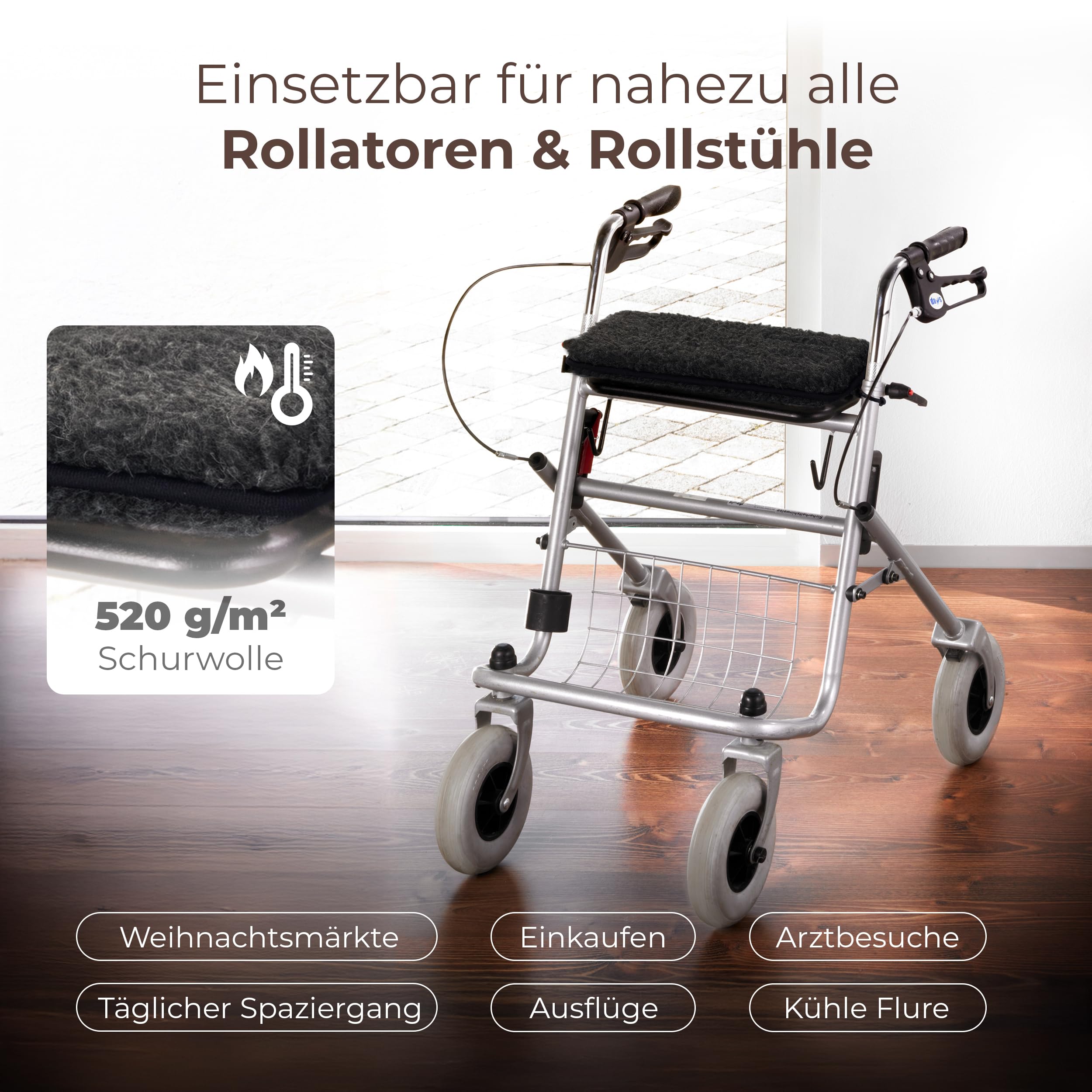Novaliv Rollatorkissen Anthrazit 100% Schurwolle warm & atmungsaktiv 3 cm Polster 40×20 cm Fixierbänder gegen Verrutschen Uni-Design robust Handwäsche Rollator Zubehör