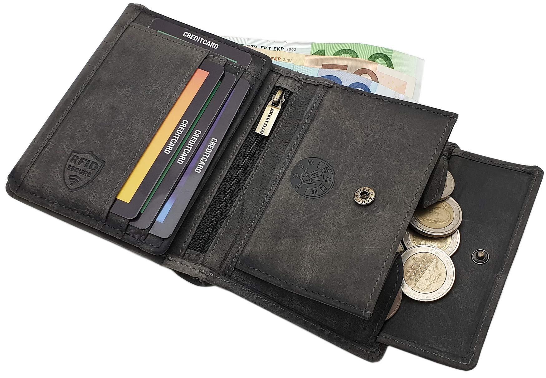 Cuero de búfalo Motero Monedero con Cadena metálica con Calavera Motivo con Bloqueo RFID y NFC (Gris Vintage)