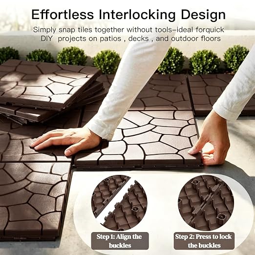 Baldosas para Deck para Exteriores Interconectables Impermeables 44 Piezas, Pisos de Patio de Plástico para Balcón, Porche, Patio, Fácil Instalación, Marrón Oscuro (Piedra) miniatura 5