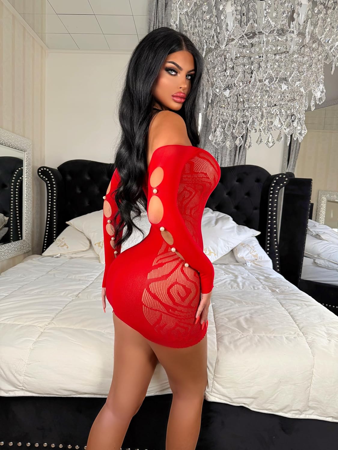 Womens Fishnet Lingerie for Women Long Sleeved Dress Fishnet Bodysuit Bodycon Dress Stripper Outfit Mesh Chemise Babydoll (Red)
