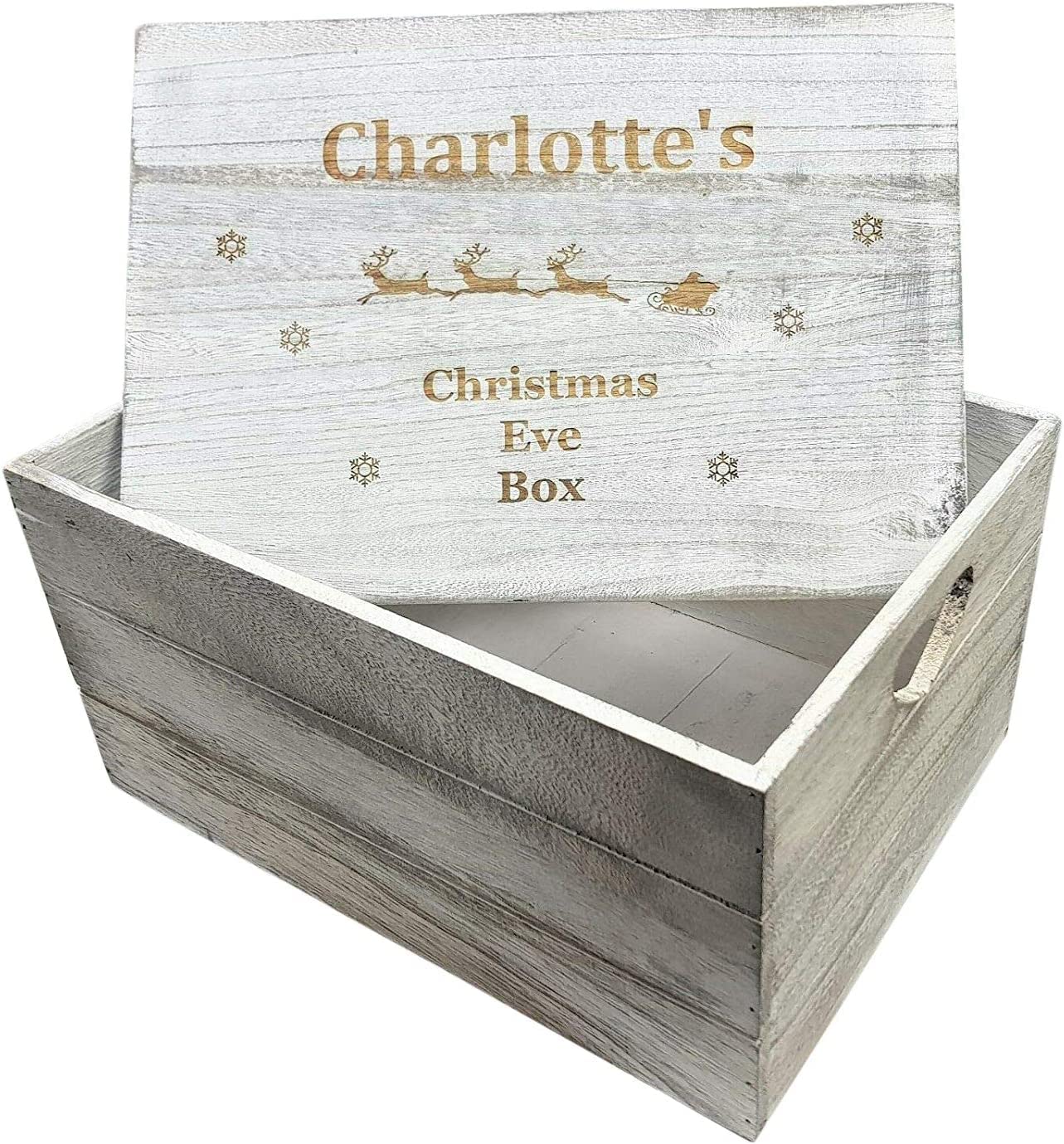 Hoolaroo Large Wooden Personalised Christmas Eve Box - Engraved Sleigh Crate 25 X 35Cm - Xmas Santa Treat Box