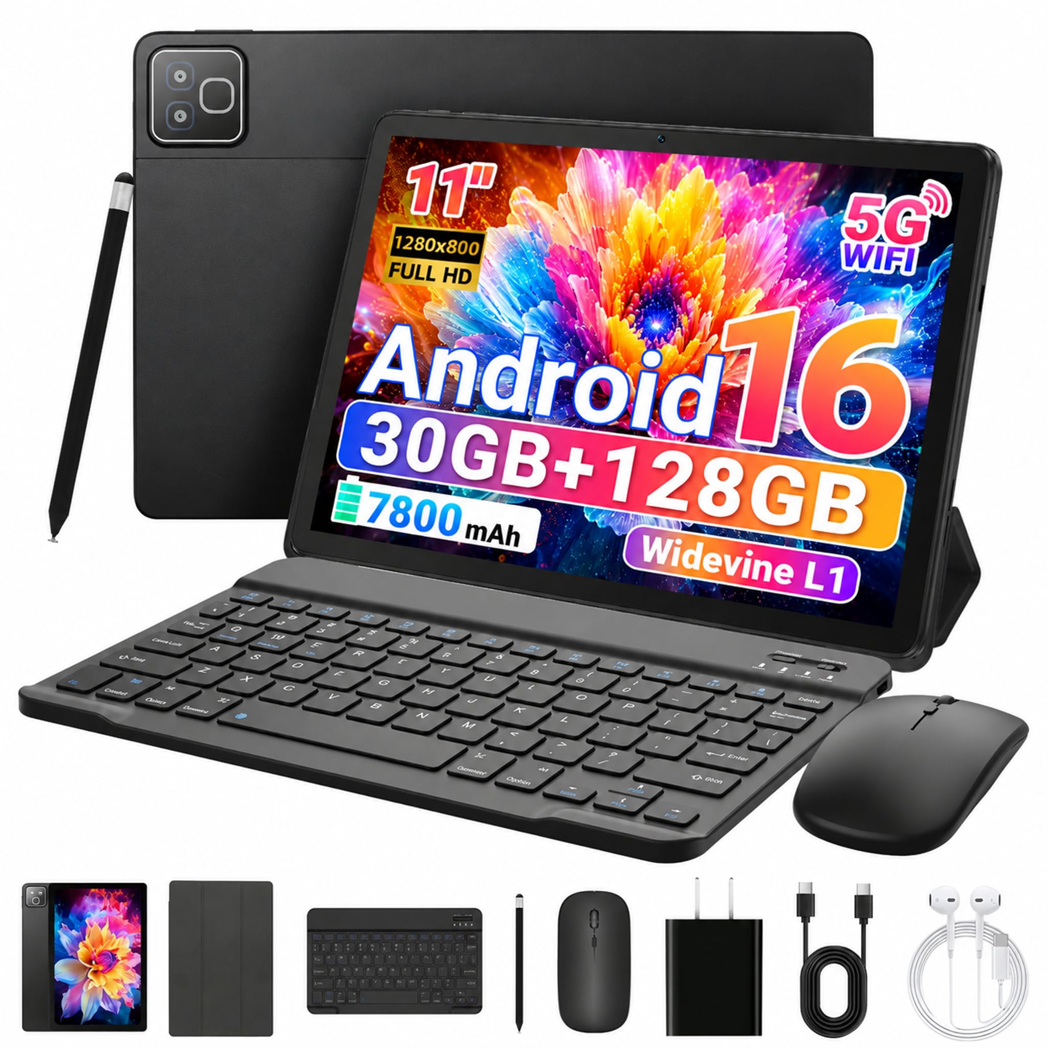 11 Inch 2 in 1 Android 16 Tablet with Keyboard Mouse Pen Case, 30GB RAM 128GB 1TB Expandable, 7800mAh Battery, HD Screen Widevine L1, Dual Cameras Face Unlock, WiFi 6 BT 5.4 Tablets Bundle