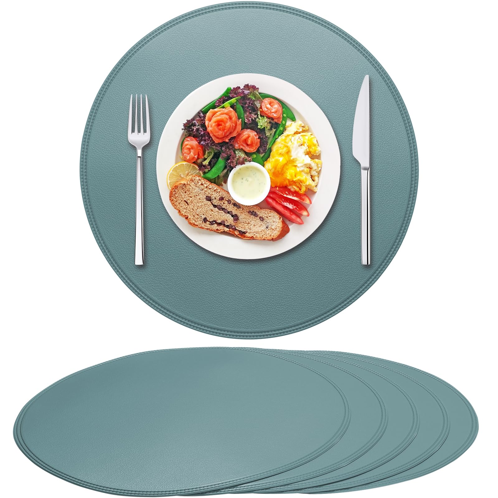 Rinpon Round Vinyl Placemats Set of 6, Faux Leather Waterproof Wipeable Heat Resistant Place Mats, Washable Oil-Proof