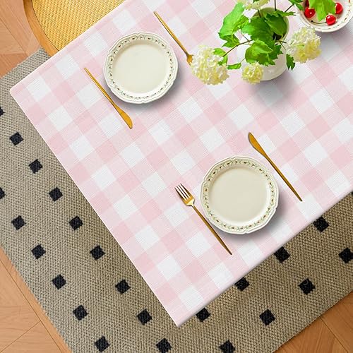 Miniatura 1 de Romanstile Mantel rectangular de primavera de Pascua, diseño a cuadros, diseño de conejo y huevos de búfalo, resistente a las manchas, para cenas,