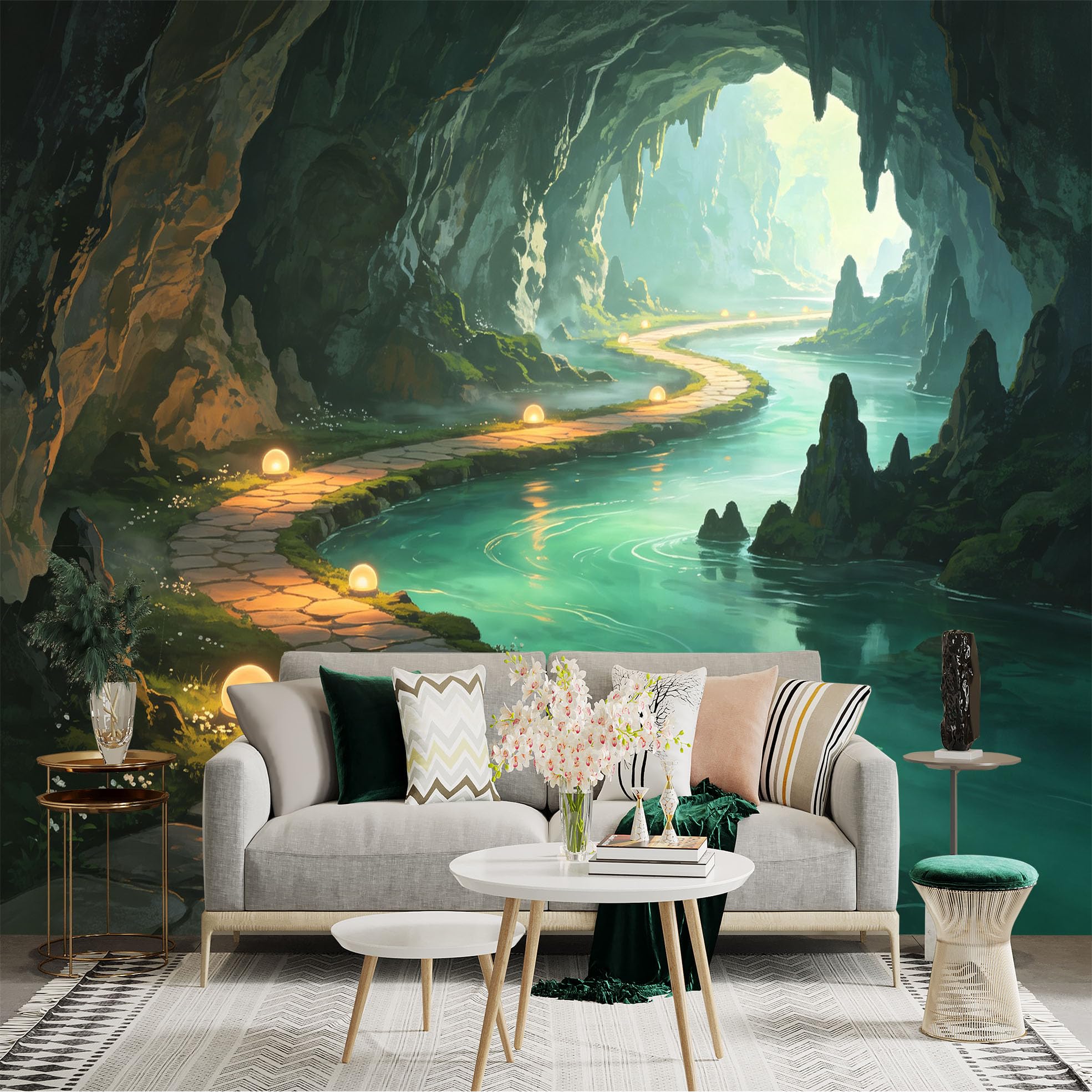 Custom Size Wall Sticker Mural， Enchanted Underground River， Glowing Stone Path， Fantasy Cavern Scenery， for wall Decoration， peelandstick wall Decals.