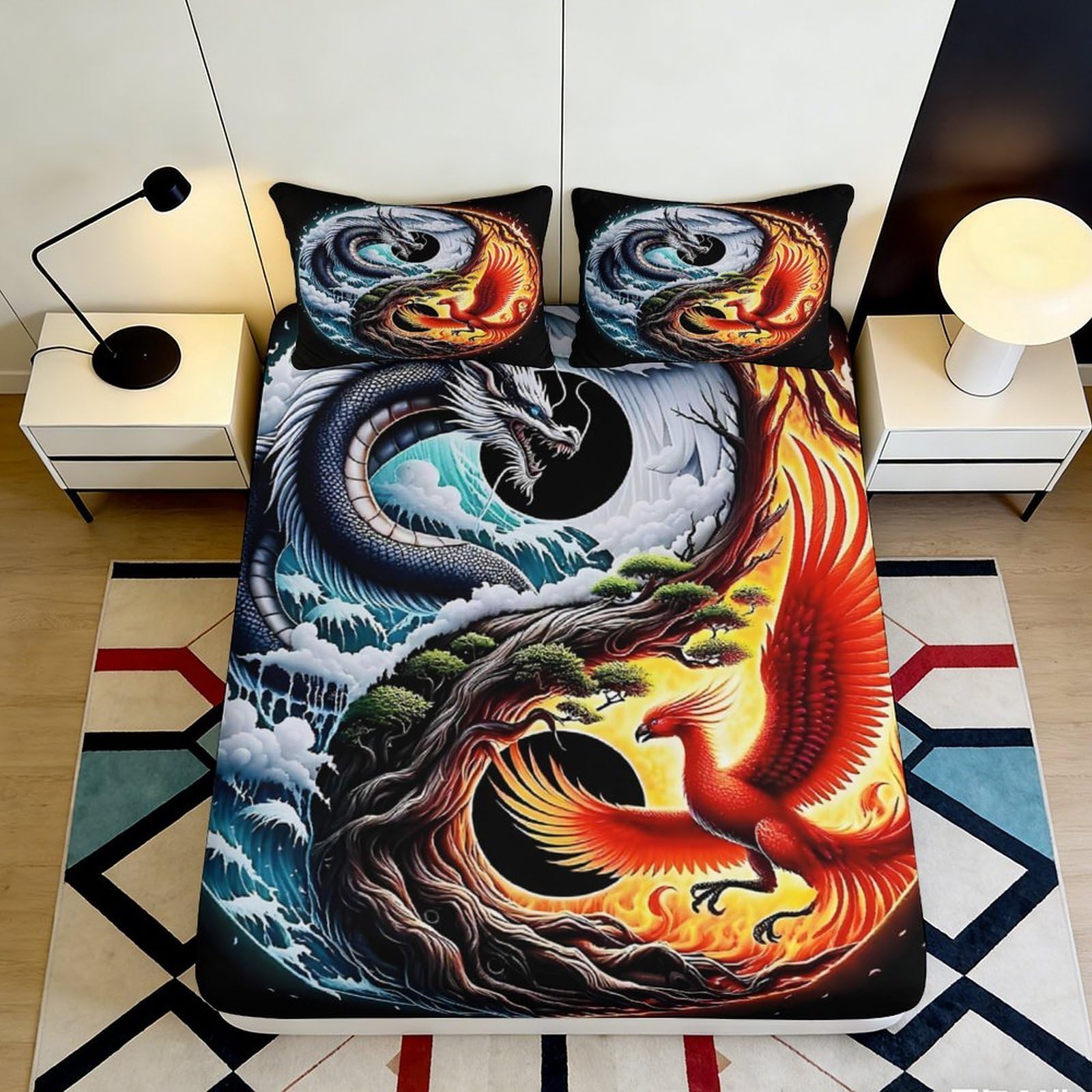 3D Printed Dragon Phoenix Fitted Sheet Microfiber Soft Breathable Fire Water Bed Cover for Bedroom Guestroom Decor 90x200x25cm