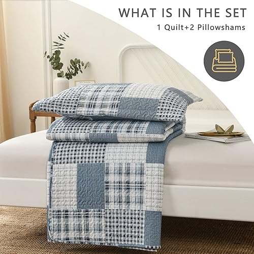 Miniatura 7 de Jarson Juego de edredón a cuadros de 3 piezas, tamaño King, juego de ropa de cama ligero y suave a cuadros de verano, colcha reversible con diseño