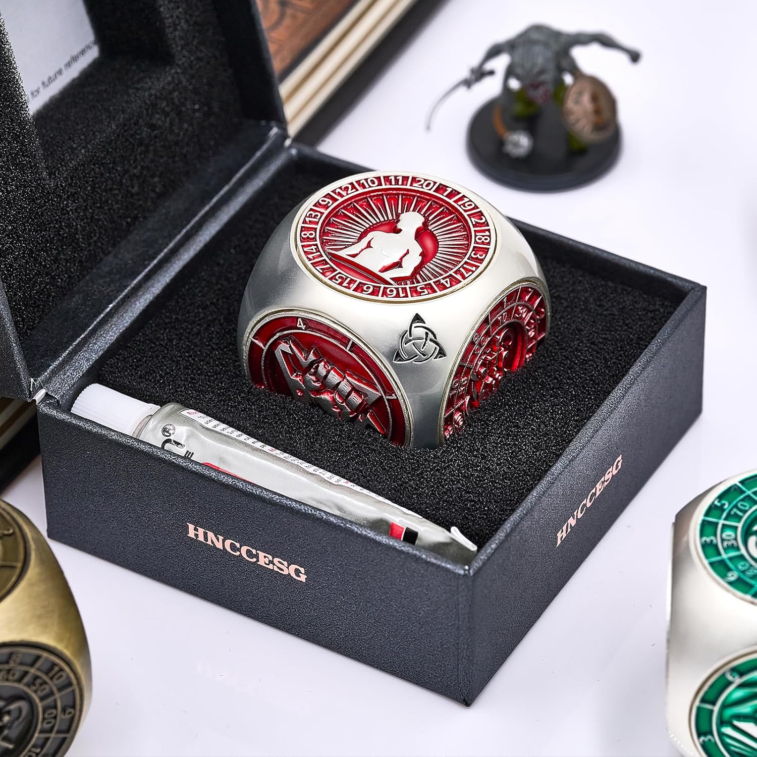 7-in-1 Metal DND Dice Spinner Cube with 3D Relief for Tabletop RPGs, Gift Box for Dungeon Masters & Players (Matte Red)