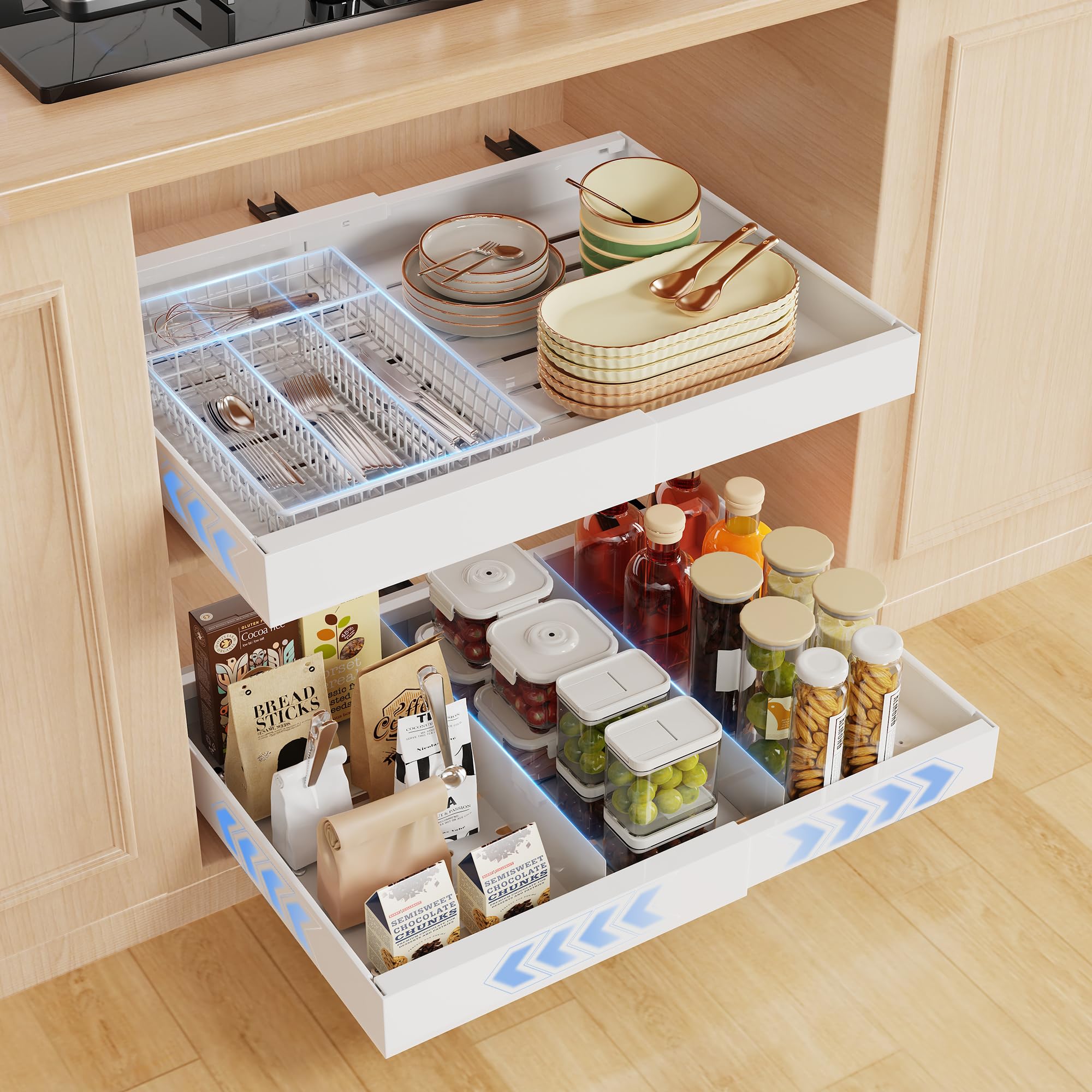 2 Pack Pull Out Cabinet Organizer, 16.5" Deep,Expandable (12.6"-20.4" W) Slide Out Drawers, Includes tableware sorting basket, Iron partition，Pull Out Drawers for Cabinets in Kitchen, White