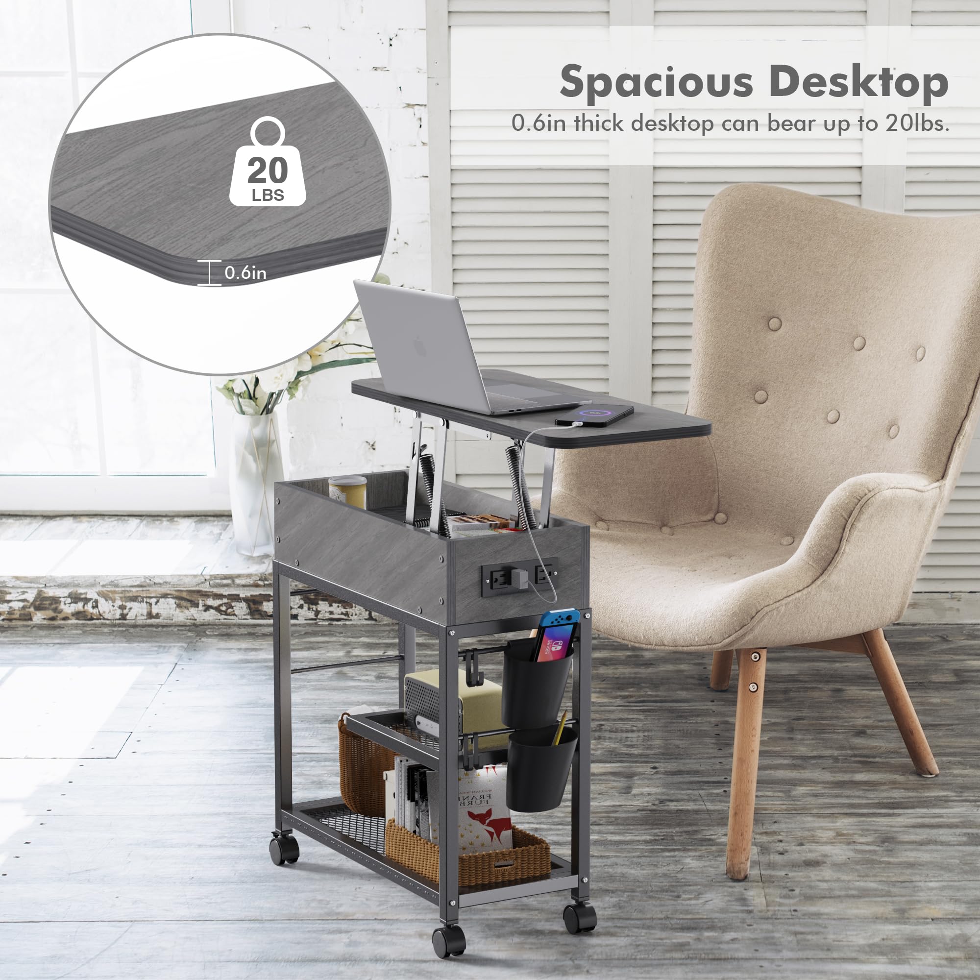 Colima Lift Top End Table with Charging Station and Wheels, Sofa Side