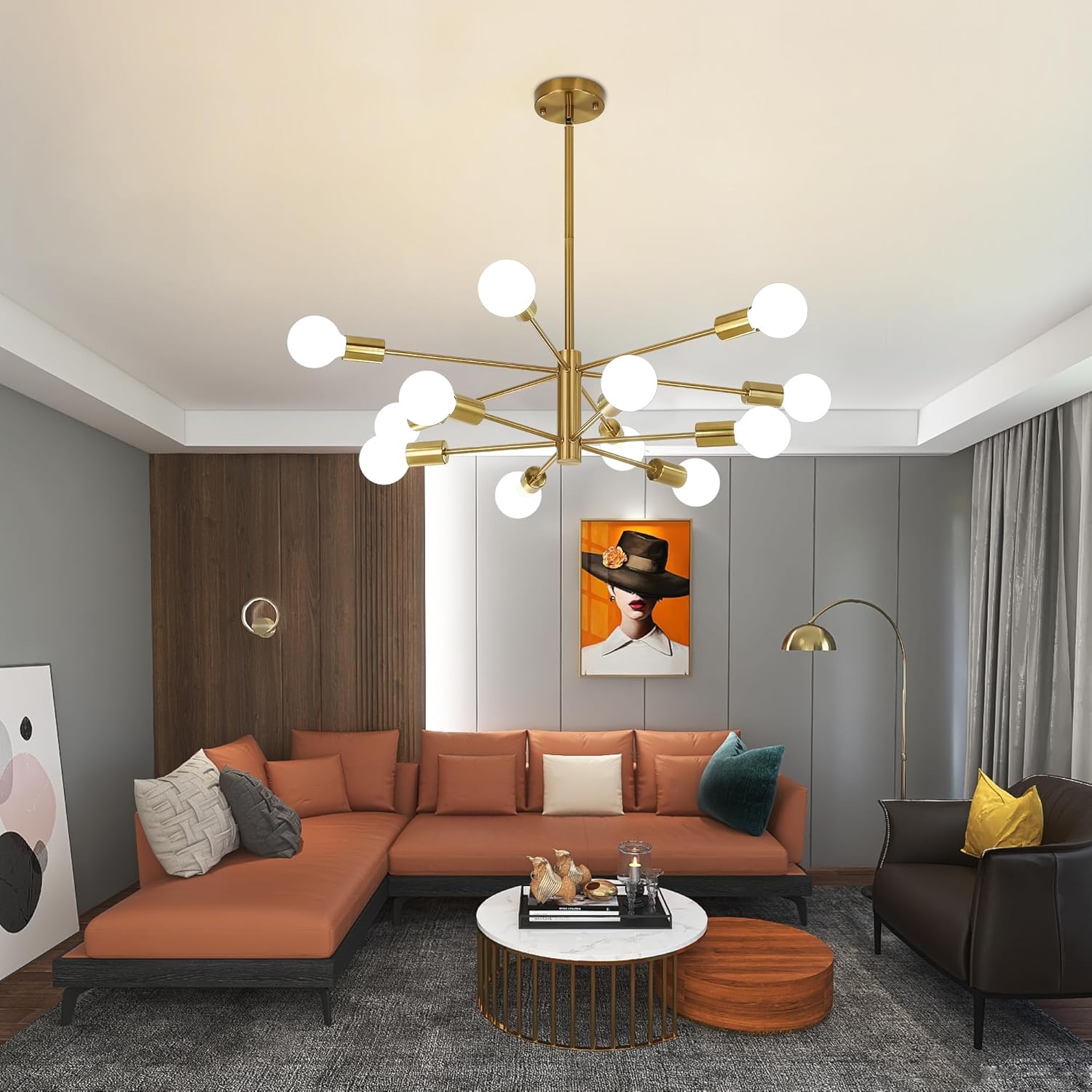 12-Light Modern Sputnik Chandelier, Mid Century Gold Ceiling Chandeliers, E26 Base, Branch Height Adjustable Pendant Lighting Fixture for Kitchen Island Dining Room Living Room Bedroom