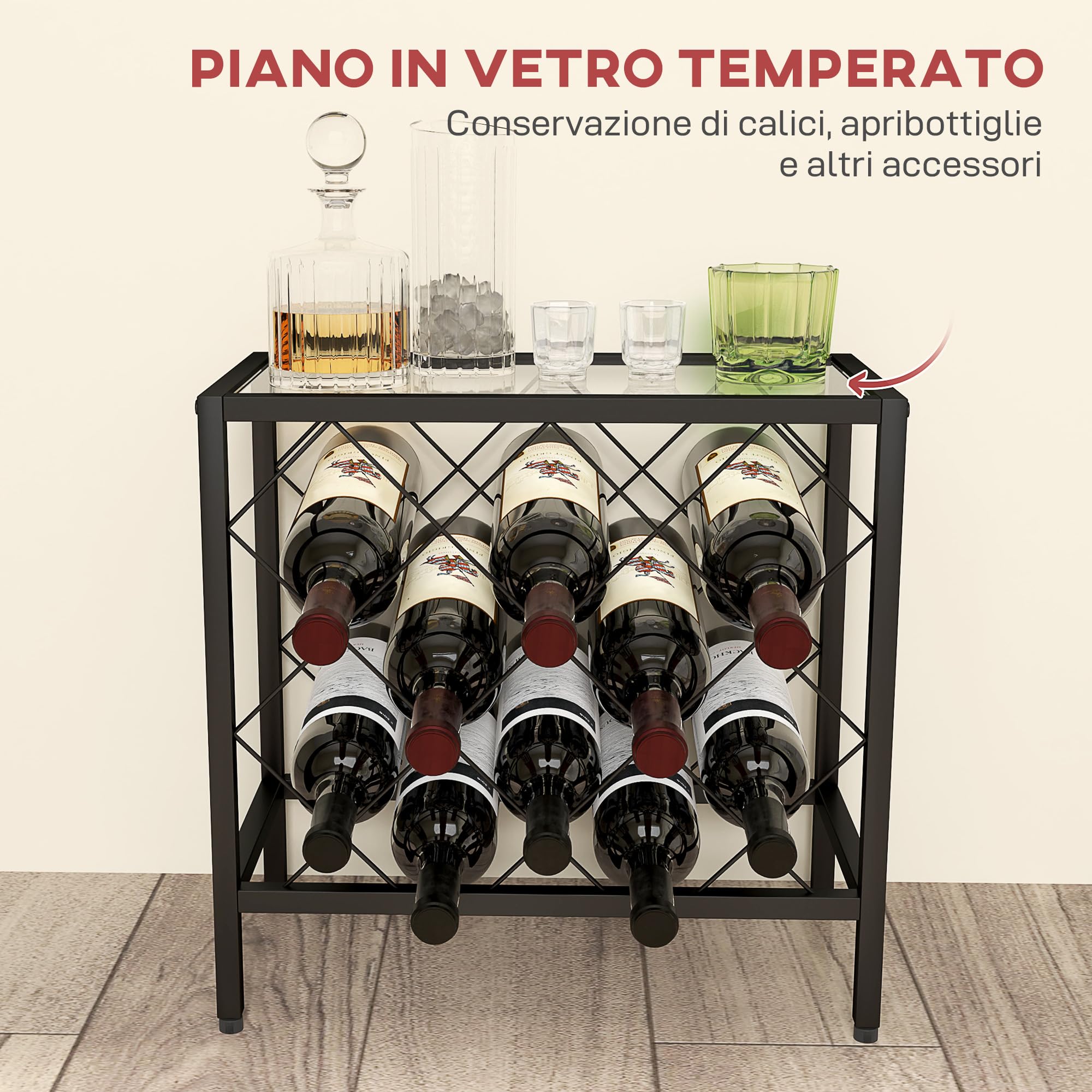 HOMCOM Portabottiglie Vino 10 Bottiglie Cantinetta 41x22x41 cm Nero | Piano d'Appoggio in Vetro Temperato, Portabottiglie in Acciaio, Cucina, Dispensa, Cantina, Bar