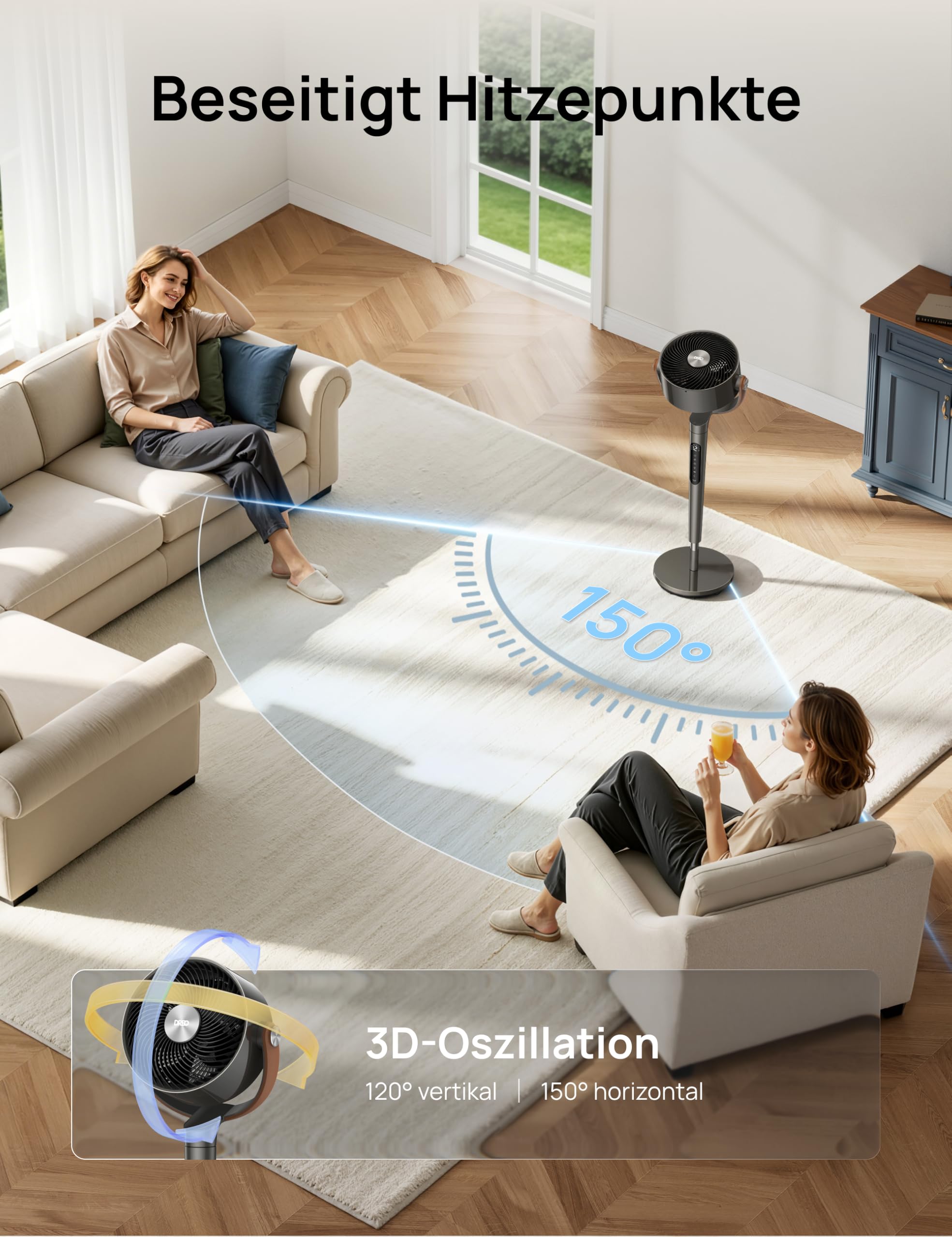 DREO PolyFan 513S 25 dB leiser Smart Standventilator, 110 cm Höhe, 6 Modi 8 Geschwindigkeiten, 120°+105° Oszillation, Fernbedienung Sprachsteuerung
