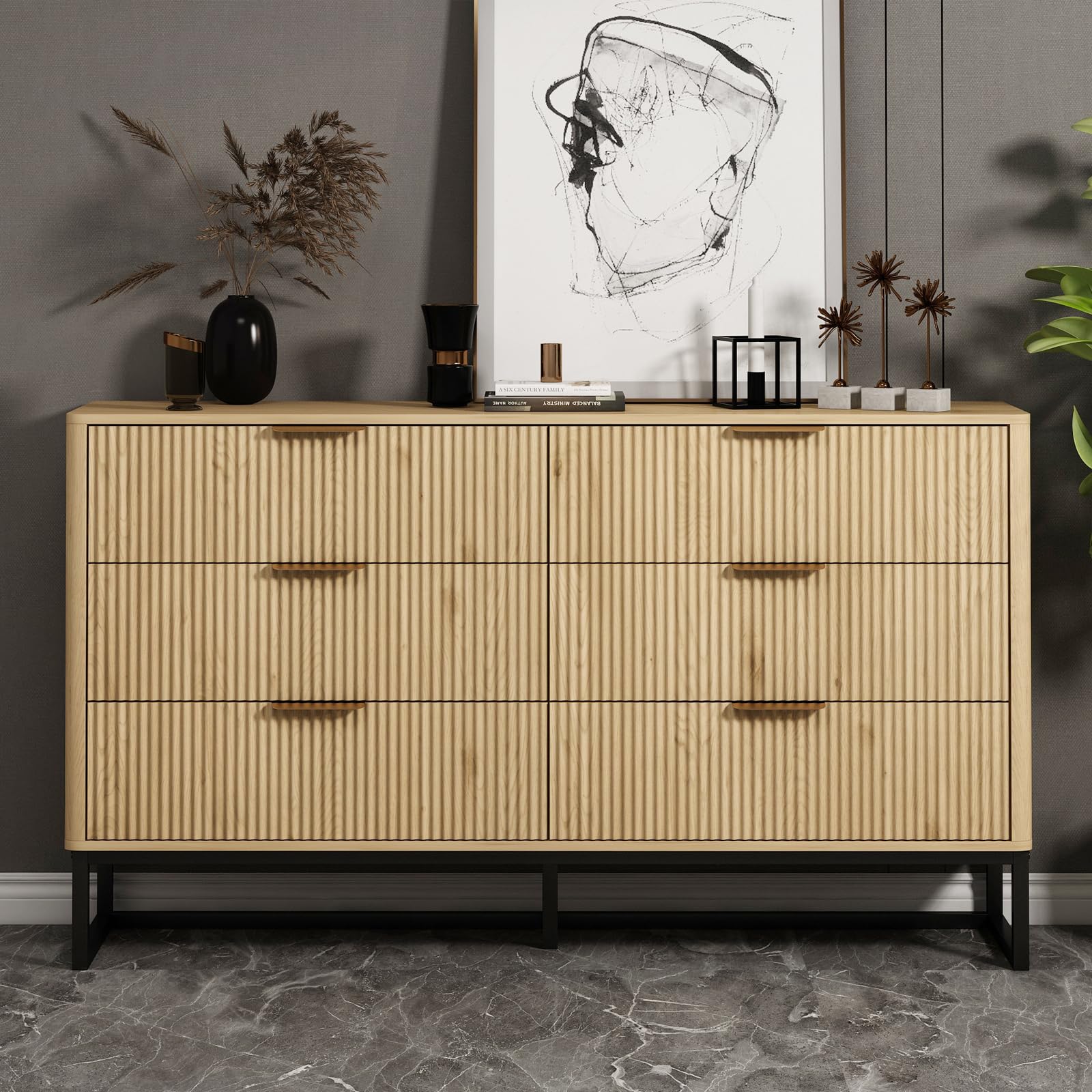 Kommode mit 6 Schubladen, Moderner Kommodenschrank Sideboard mit Metallfuß, Beistellschrank für Schlafzimmer, Wohnzimmer, Flur, 137x40x80cm,Natural