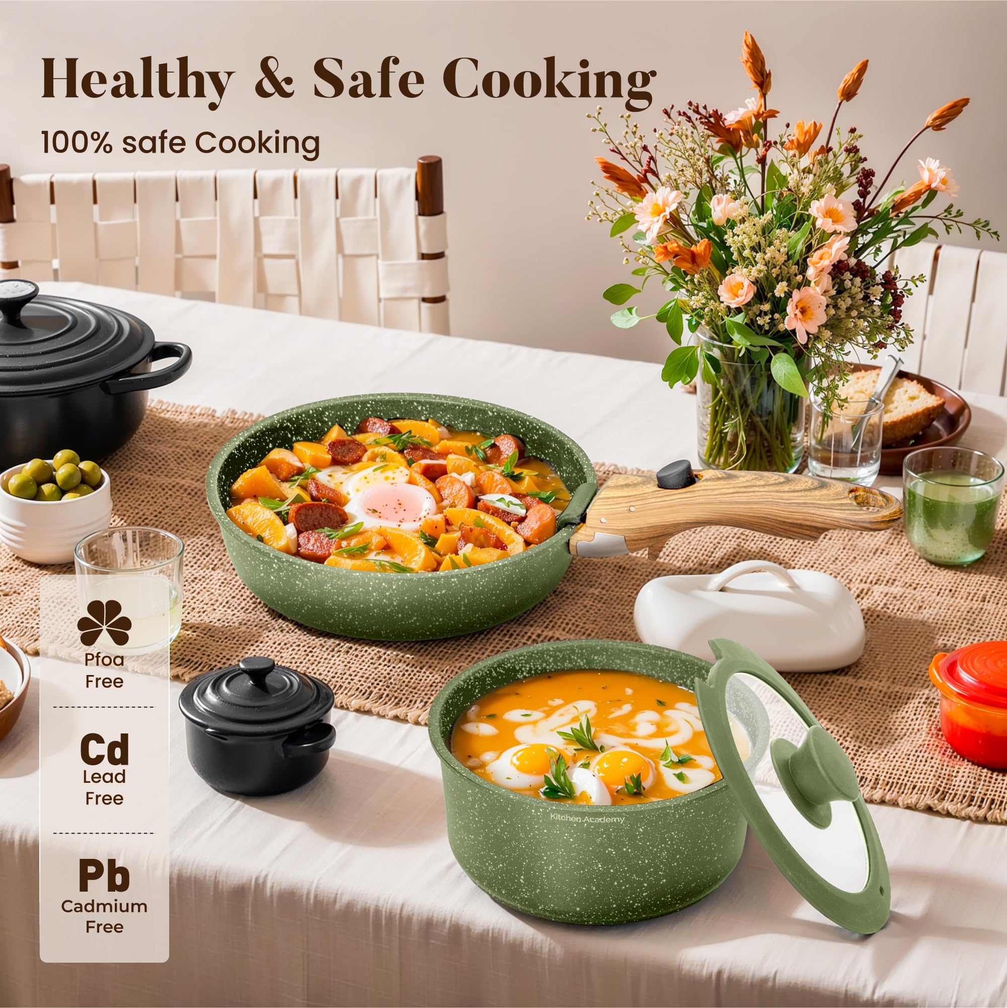 Kitchen Academy 10 PCS Batterie de Cuisine Induction avec Poignée Amovible | Batterie de Cuisine Tout Feux, Revêtement Antiadhésif en Granit Empilables Convient aux Camping-Cars et au Camping