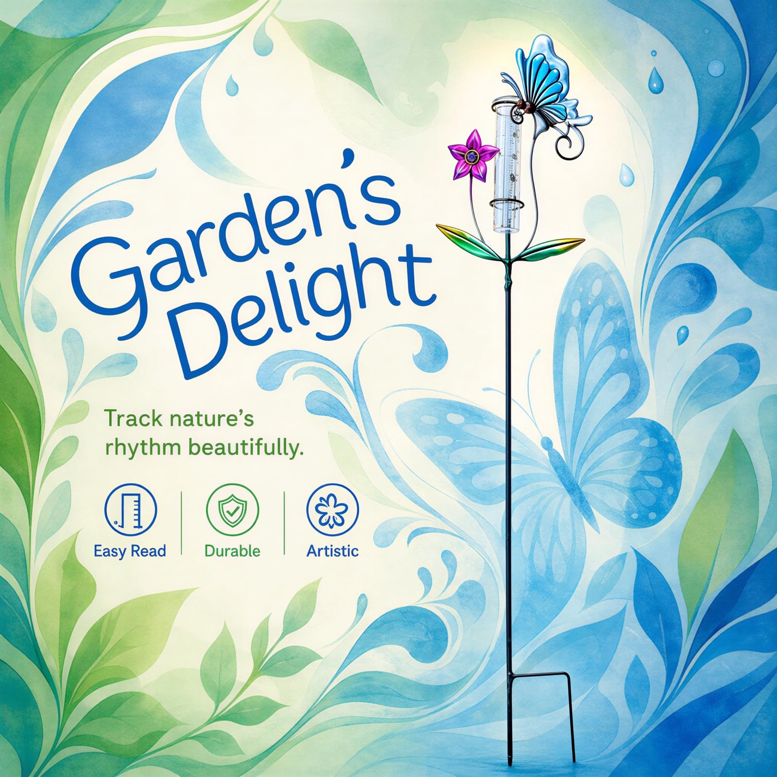Dekorativer Regenmesser, Schmetterlings-Regenmesser für draußen mit blauem Metallstab, Eisenkunst-Gartenstecker zum Messen des Niederschlags in Garten, Rasen, Terrasse und Landschaftsdeko