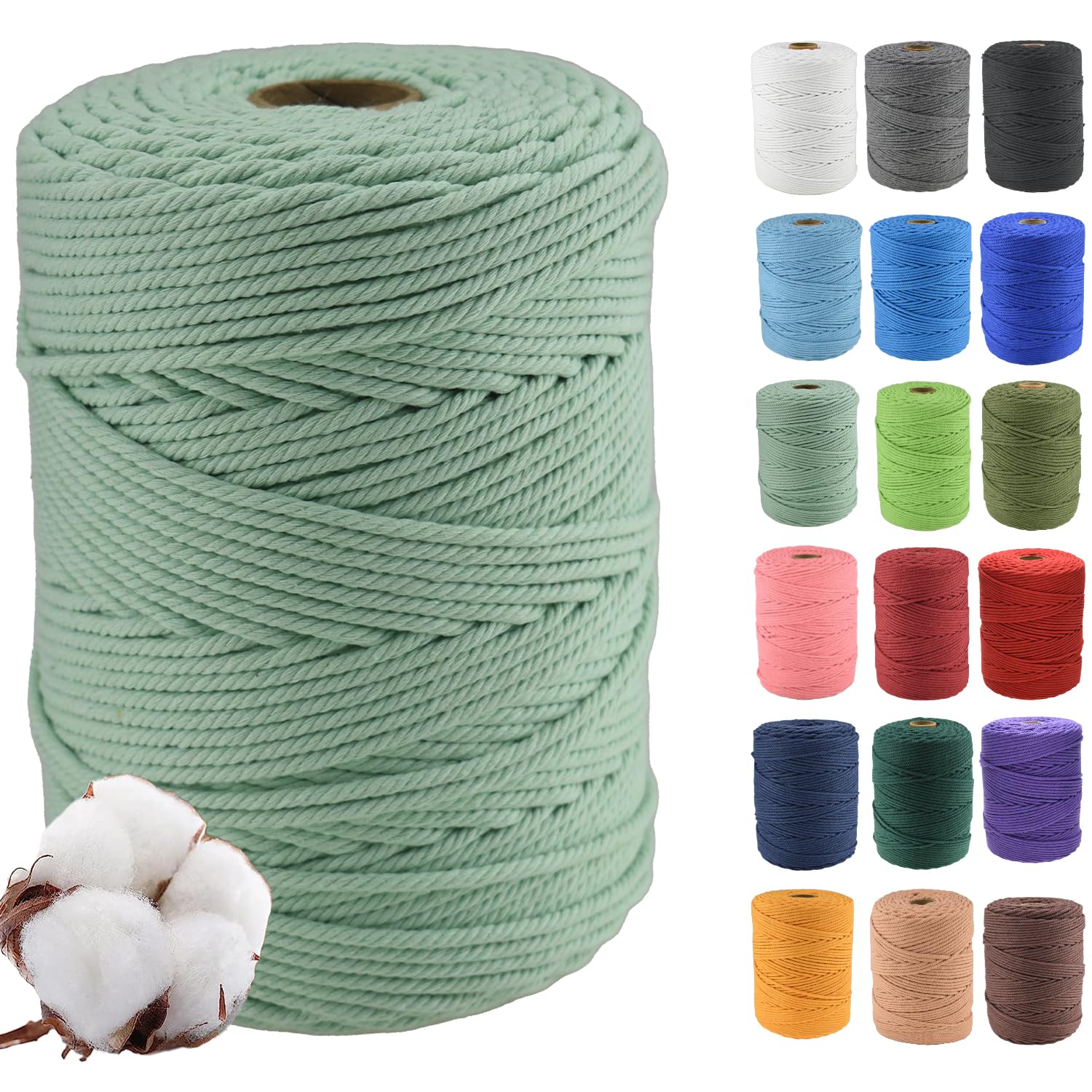 Klhamky 4mm×300m Macrame Cotton Cord, Soft 4 Strand Twisted 100% Natural Cotton for Handmade Wall Hanging DIY, Craft Making