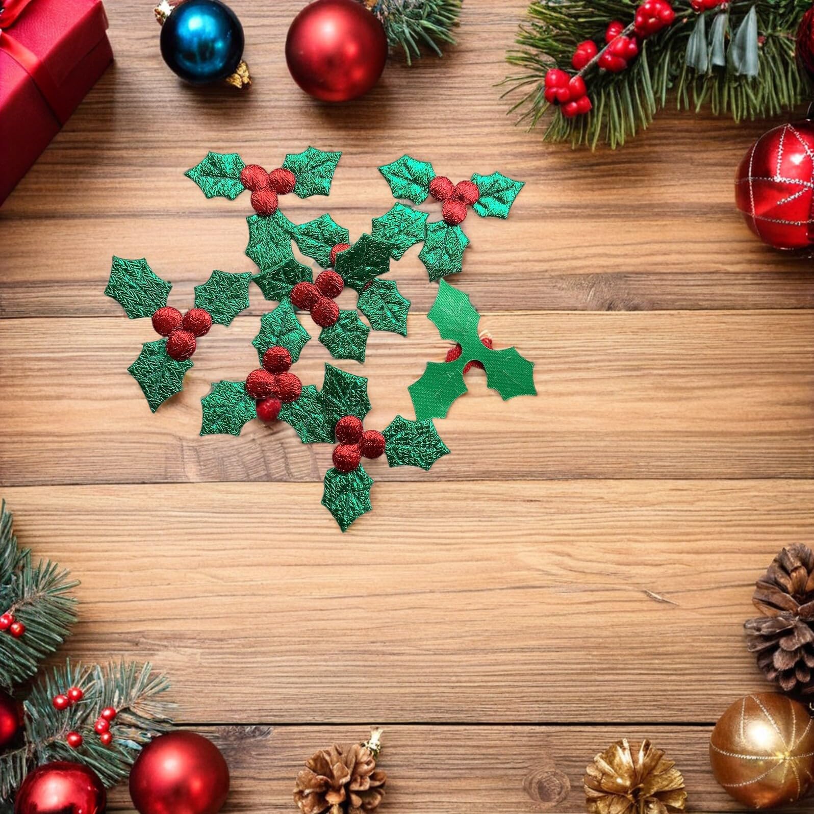 Mipcase 200 Feuilles de Houx Artificielles Vertes 52 CM 2 Paquets de 100 Pièces Décorations de Noël pour Centres de Table Vases et Créations DIY Accessoires Fête Hivernale