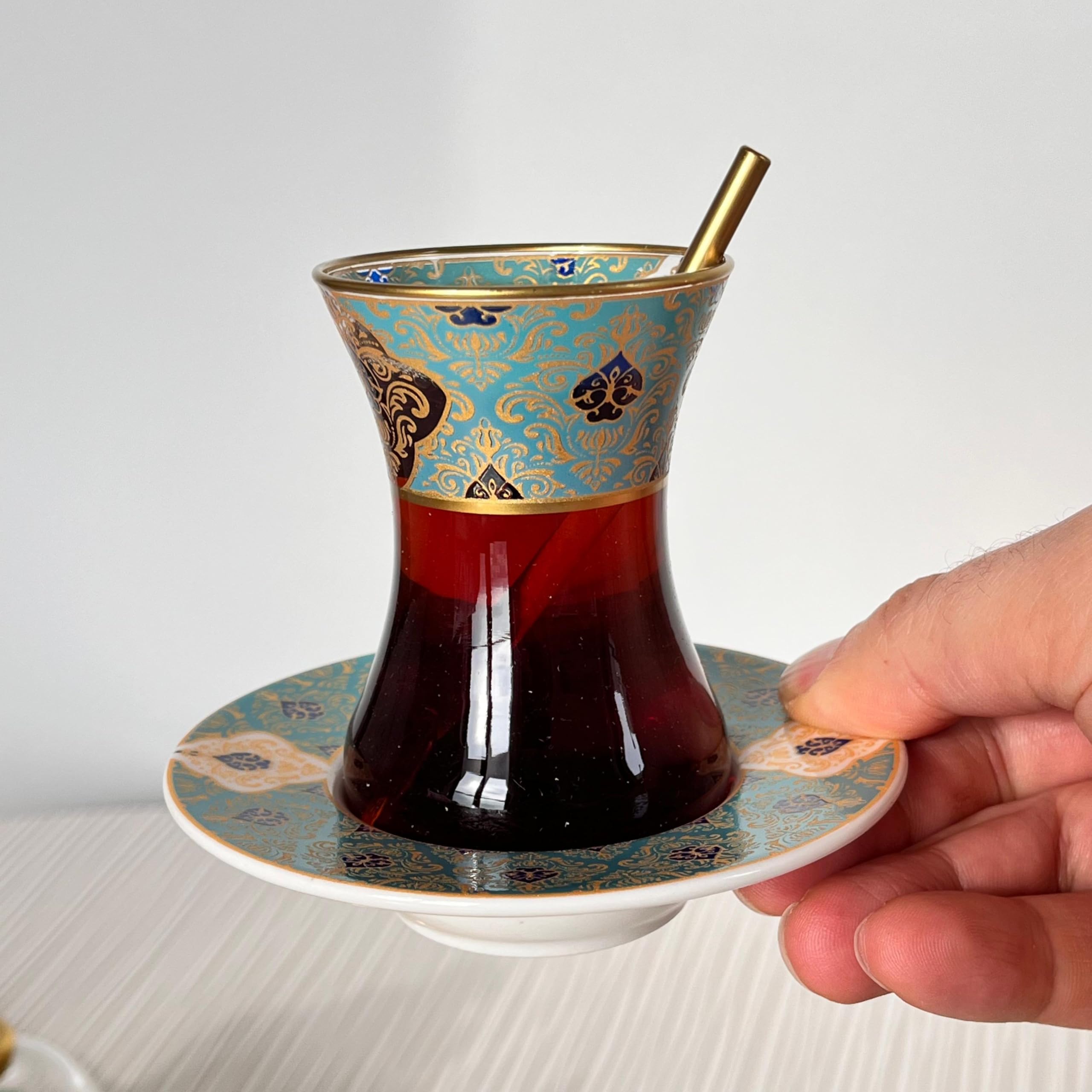Handcrafted Turkish Tea Glasses with Saucers, Old Fashioned Turkish Tea Cups, Vintage Tea Glass Set of 6, Women's Party Arabic Fancy Drinkware,