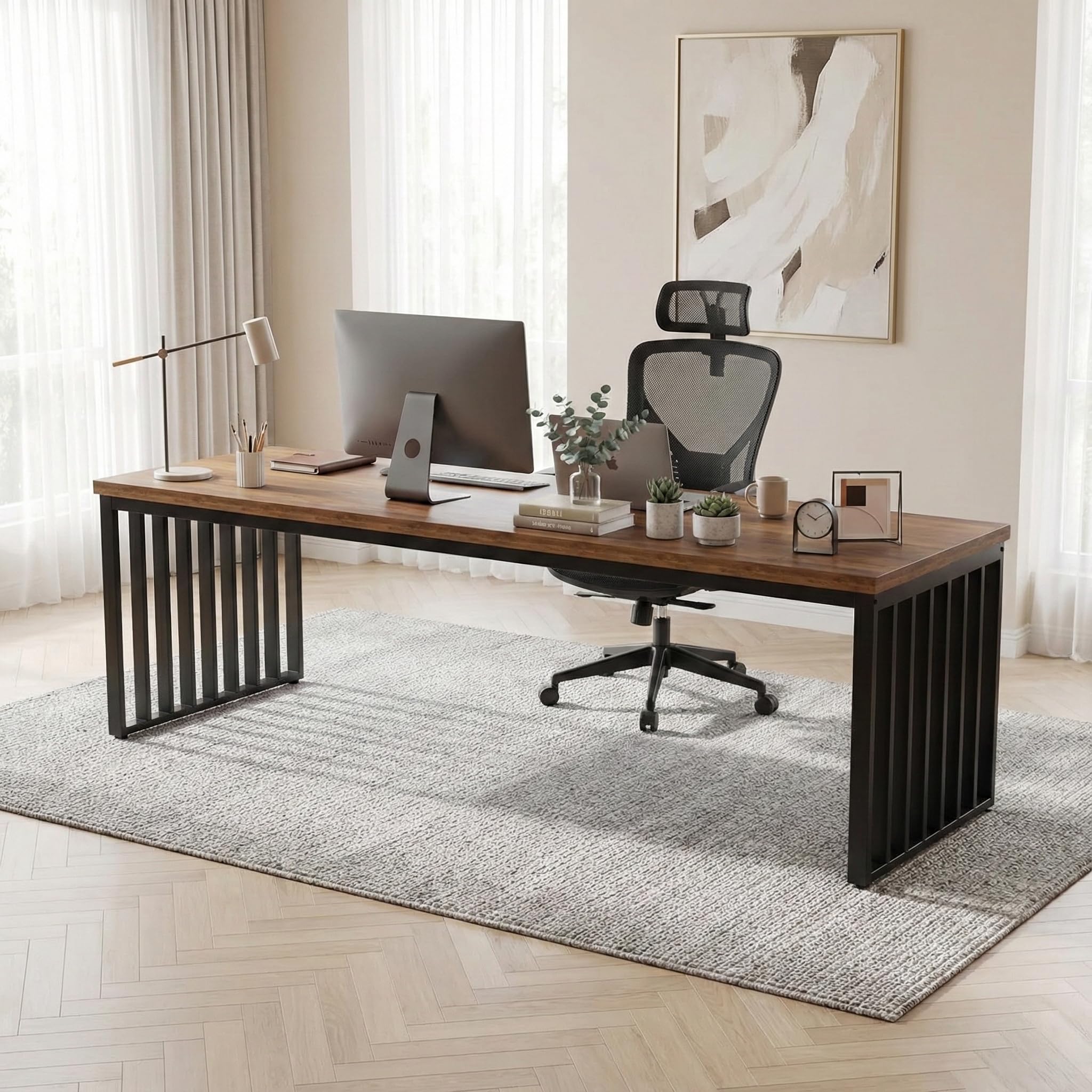 Lailang 180cm Bureau Informatique, Postes de Travail Informatiques, Table Pc Gamer, Bureau Industriel Bois Et Metal, 180 x 60 x 75 cm, Brun