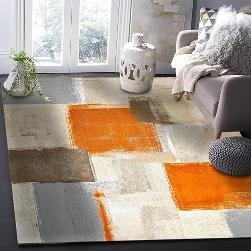 Miniatura 3 de Alfombra artística de pintura al óleo para dormitorio, alfombra estampada naranja marrón gris, antideslizante, plegable, fácil de limpiar, lavable,