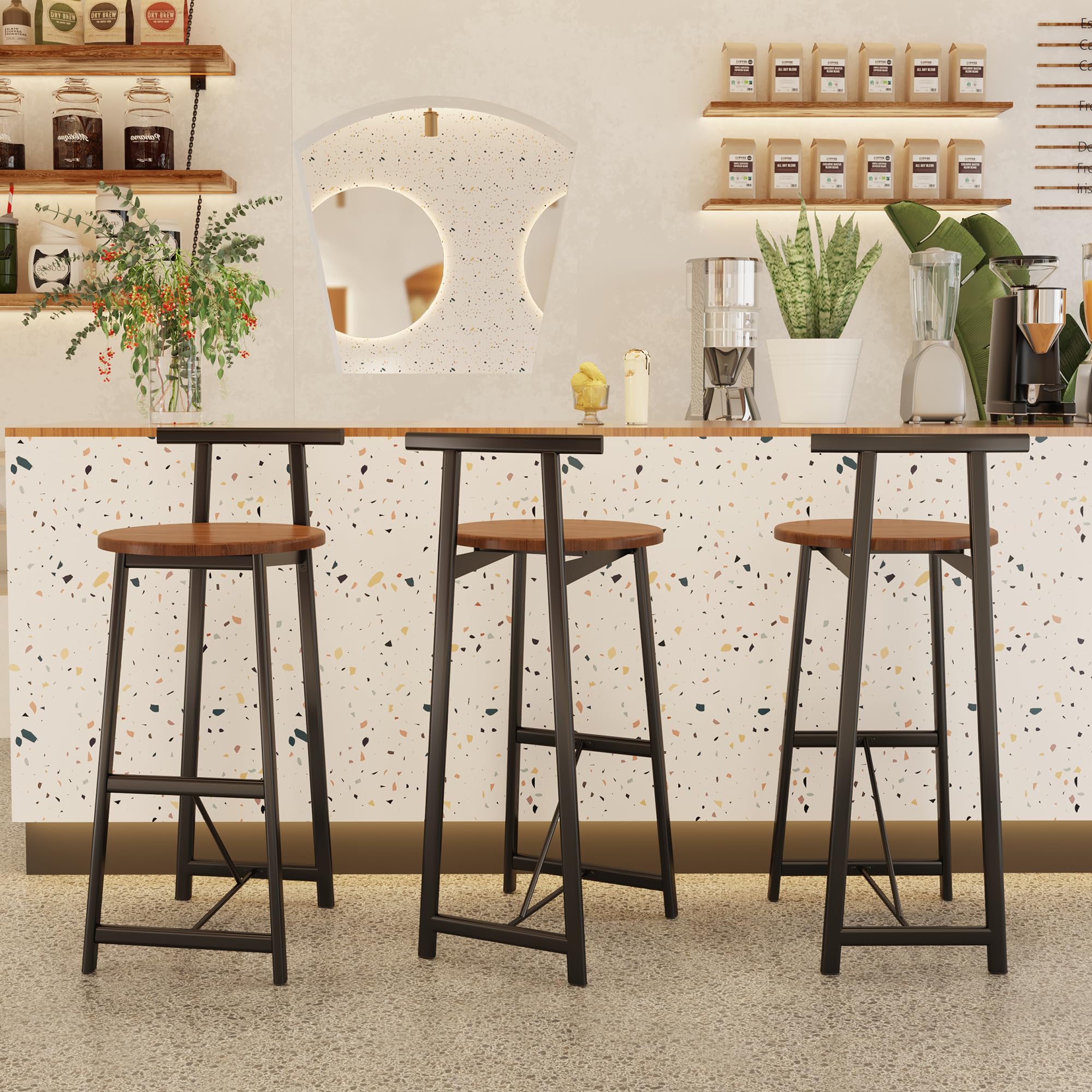 AOPNOMU Mid-Century Modern Bar Stools Set of 3, Metal Counter Stool with Backrest, 27 Inch Tall Bar Stools Counter-Height Barstools with Footrest for