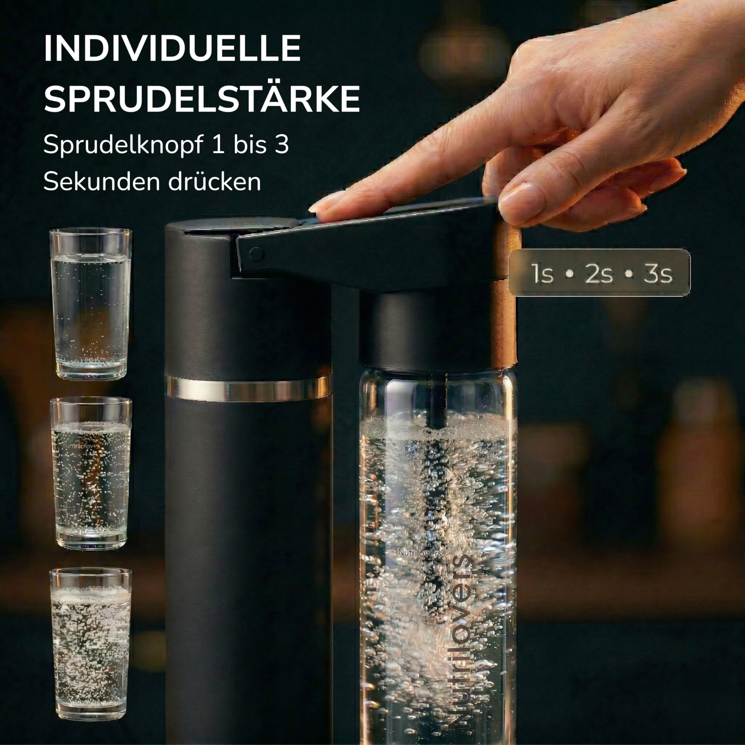 Nutrilovers® NUTRI-STREAM Wassersprudler Edelstahl mit schwarzem Finish, Designer PET-Flasche (38 CM hoch), 100% BPA-frei, Soda Maker 100% kompatibel mit allen 60L CO2-Zylindern, patentiertes System