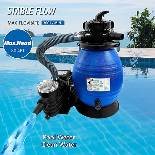 Miniatura 2 de Bomba de filtro de arena para piscina sobre el suelo, filtro de arena de piscina de 13 pulgadas 34 HP, 3648 GPH, hasta 12000 galones, válvula de 6
