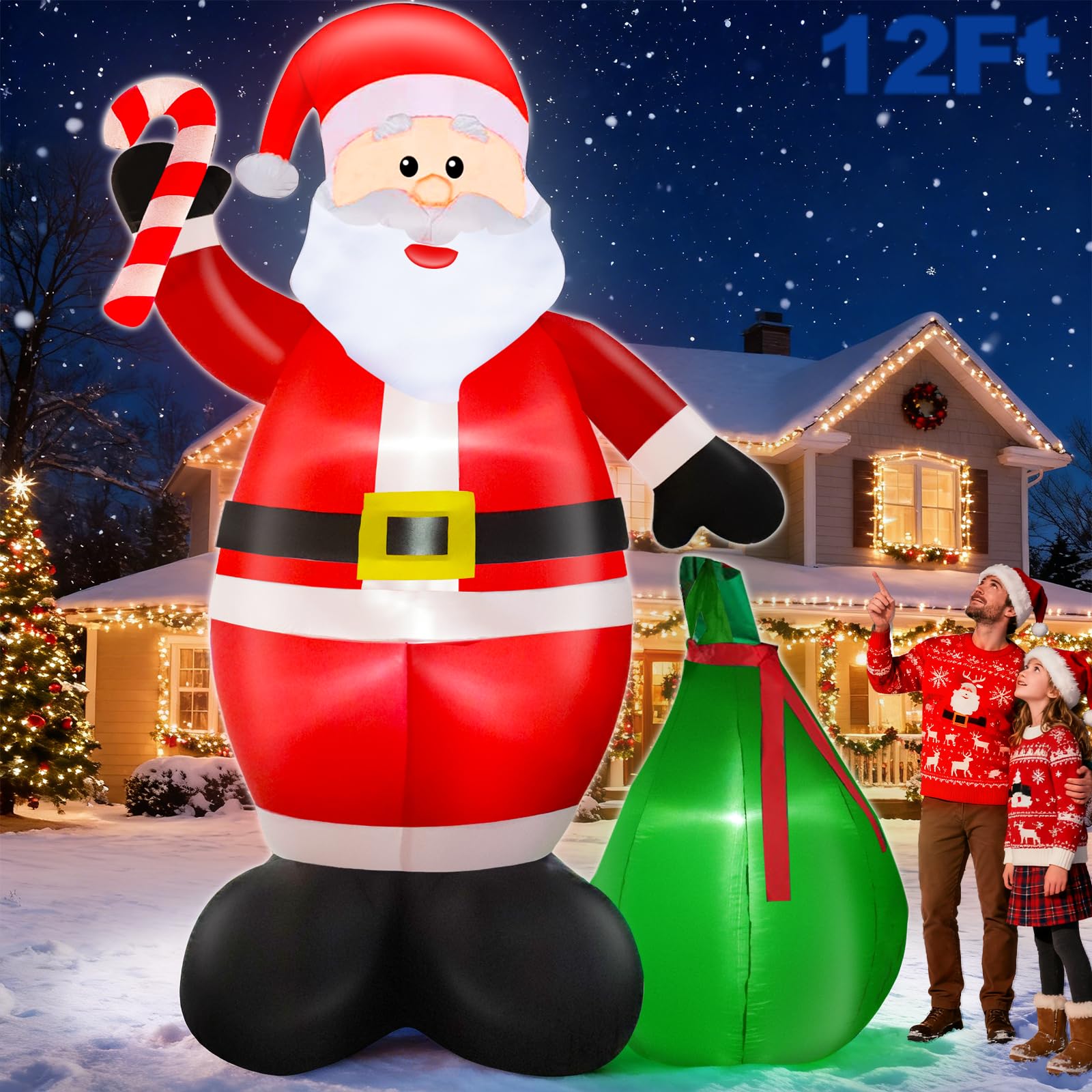 12 Ft by 7.6 Ft Giant Christmas Inflatables Decorations Outdoor Santa Claus with Gift Bag with LED Light for Christmas Blow Up Yard Decor for Lawn Garden Party Holiday Xmas Decorations Cute Fun