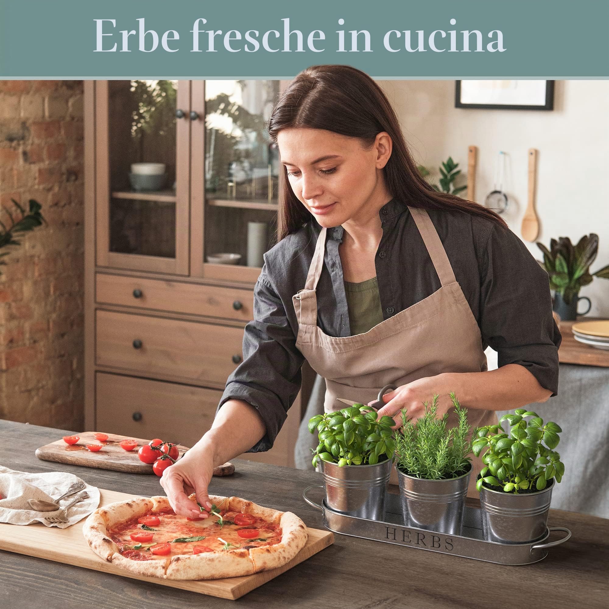 Barnyard Designs Set di fioriere per erbe aromatiche con vassoio, per giardino interno o esterno, vasi decorativi in metallo zincato, per cucina, (set da 3, 11 x 10 cm, su 32 x 10 cm)