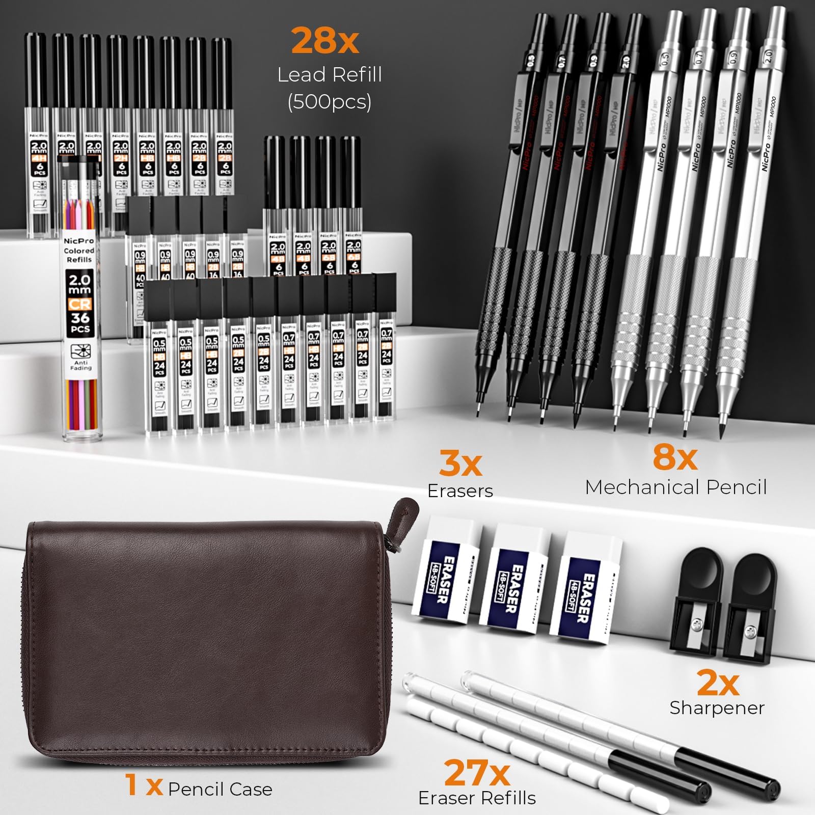 Nicpro 45PCS Black & Silver Metal Mechanical Pencil Set in Leather Case, Art Drafting Pencil 0.5, 0.7, 0.9 mm - Image 2