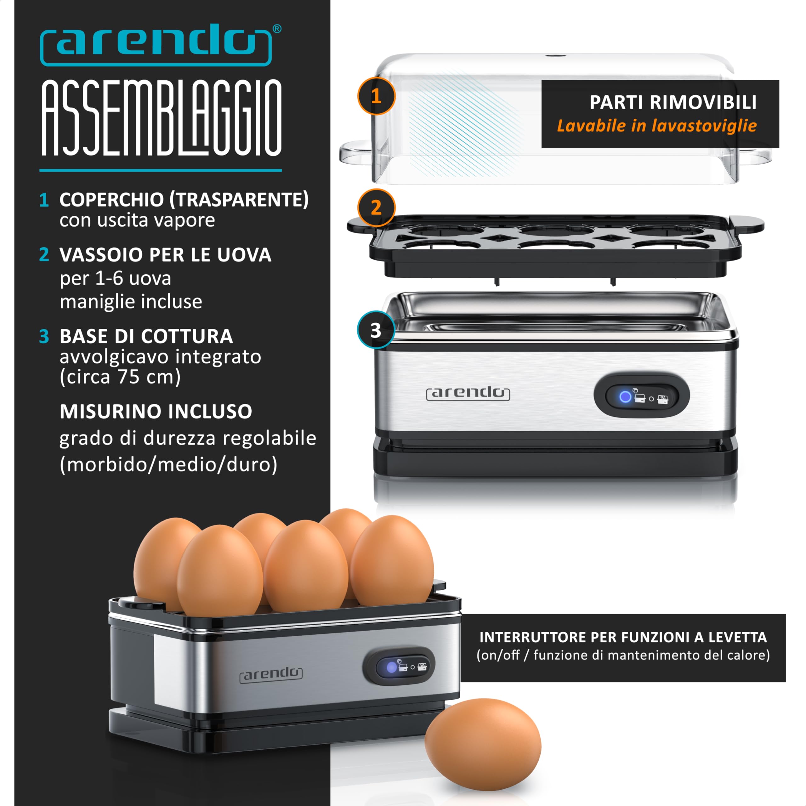 arendo - Cuoci Uova Sixcook in Acciaio Inox - Bollitore per Uova con Funzione di Mantenimento Calore - capacità 1-6 Uova - Interruttore selettore a levetta con Spia