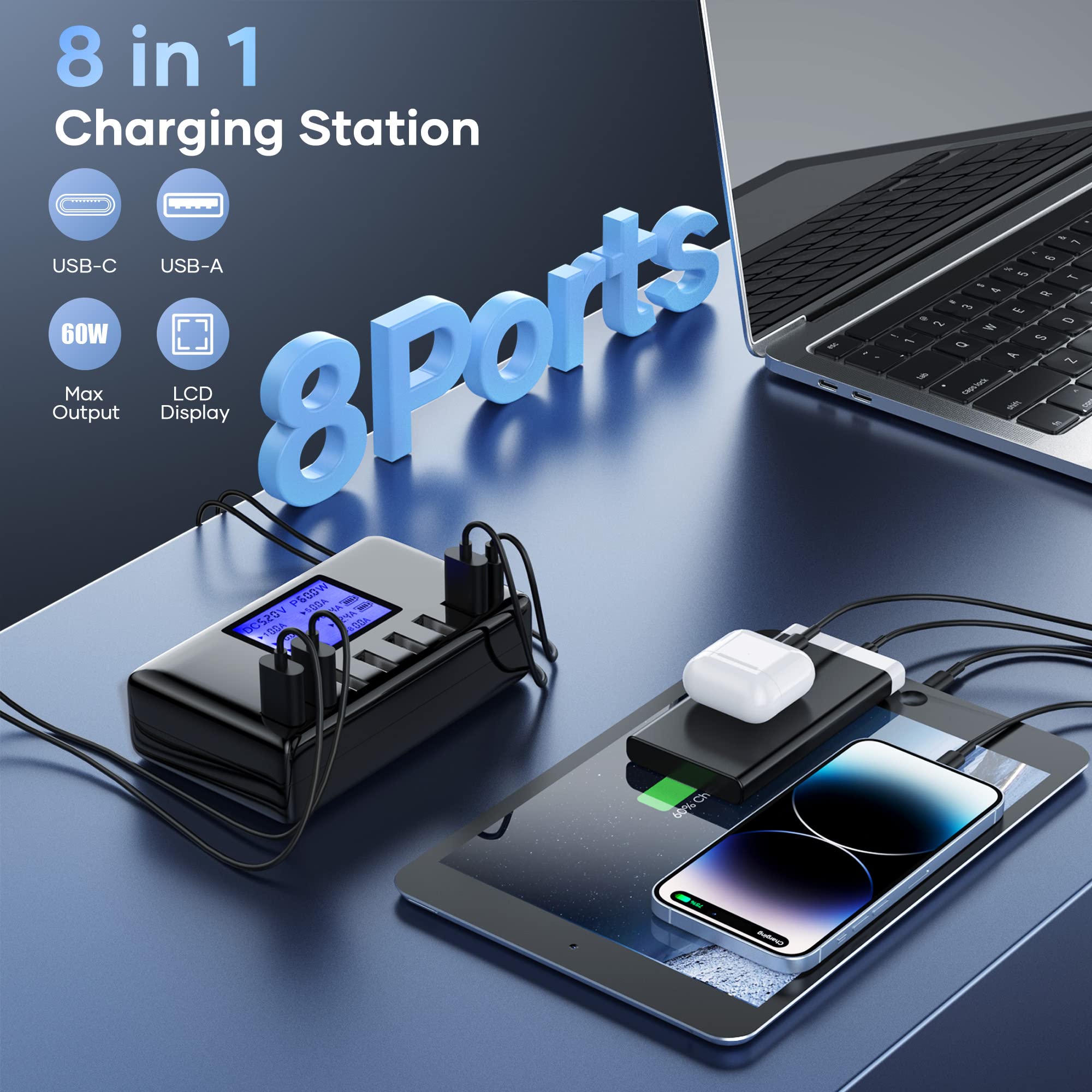 Stazione di ricarica USB 60W 8 porte Hub di ricarica USB 12A Stazione di ricarica USB con display LCD per più dispositivi, Caricabatterie intelligente da tavolo con hub USB C per iPhone