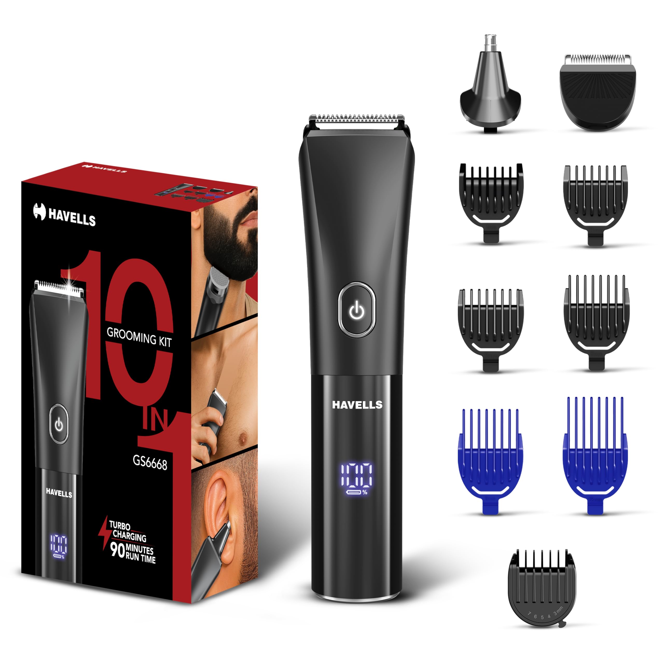 Havells 10 in 1 Digital Grooming Kit |2-in-1 Special Blade|Nose & Ear Attachment|Ceramic Body Groomer |4 Beard, 2 Hair Combs & 1 Body Groomer Comb|Type C Turbo Charge|No Nicks & Cuts|2 Year Guarantee|GS6668