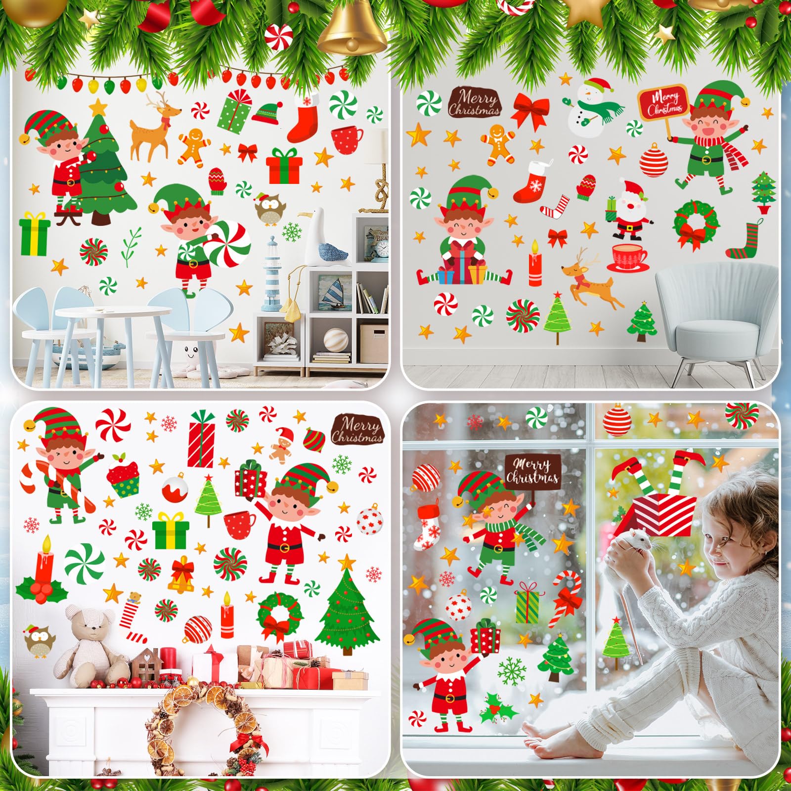 131 Stück Weihnachts-Wandaufkleber, 6 Bögen, Weihnachts-Fensteraufkleber, Weihnachtsdekoration, Elfe, Schneemann, Weihnachtsmann, Rentier, Aufkleber, Weihnachtsfensterfolien, Dekorationen