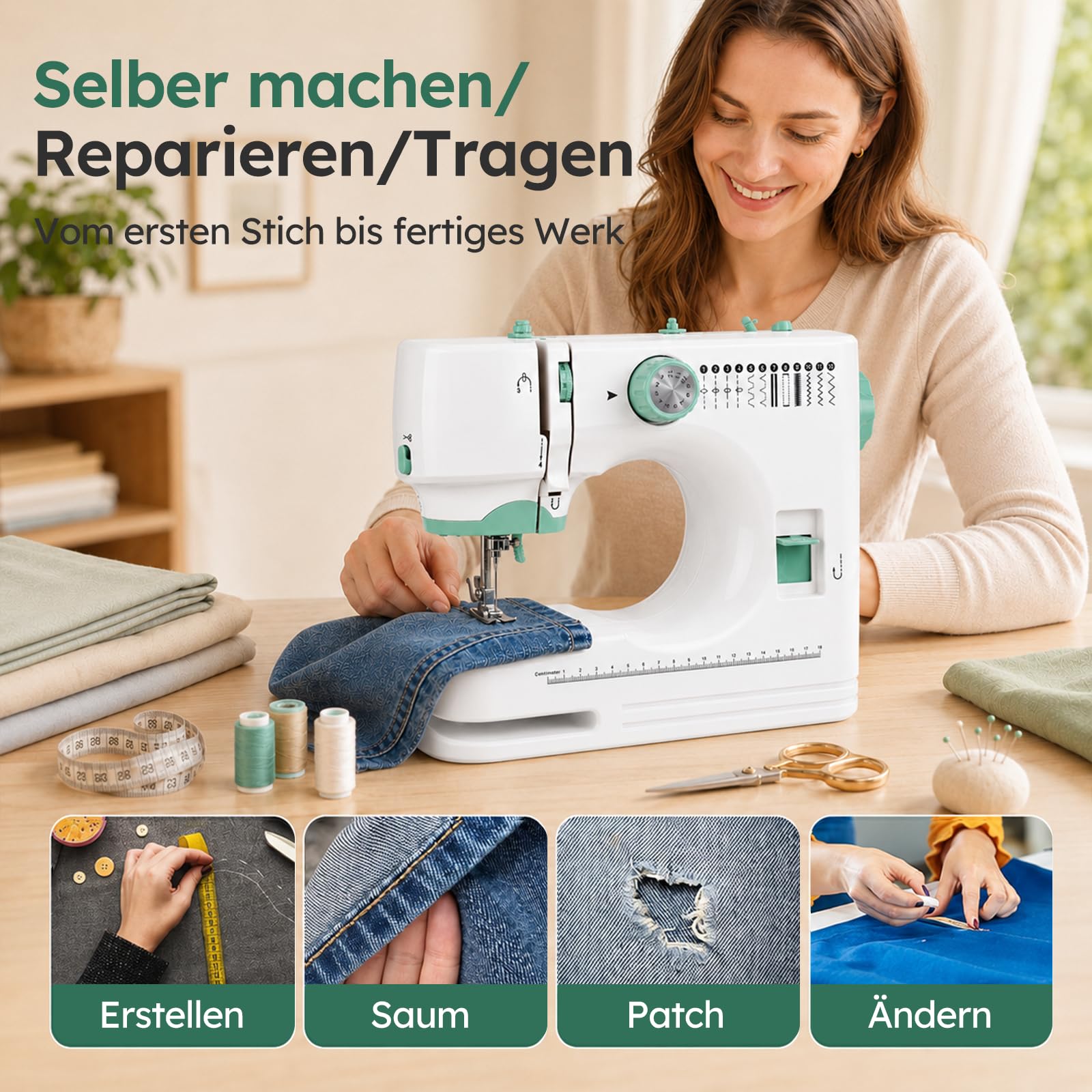 Mini Nähmaschine für Anfänger, Tragbare Elektrische Nähmaschine mit 12 Nähprogrammen, Automatisches Einfädeln, Doppelnadel, LED-Licht, Fußpedal, 58-teiliges Zubehör, Ideal für Kinder & Reparaturen