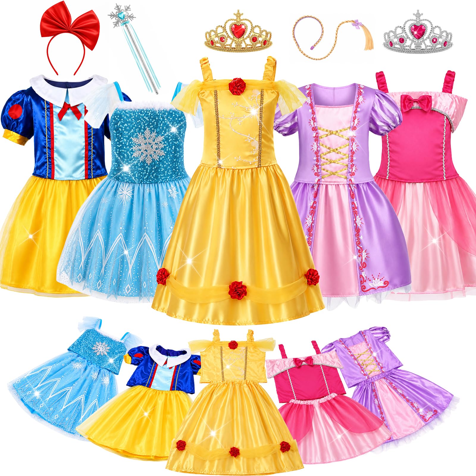Prinzessin Kleid Mädchen Prinzessin mit Krone Schmuck Zauberstab Kostüm Verkleidungskiste Faschingskostüme Karneval Halloween Geburtstag Weihnachten