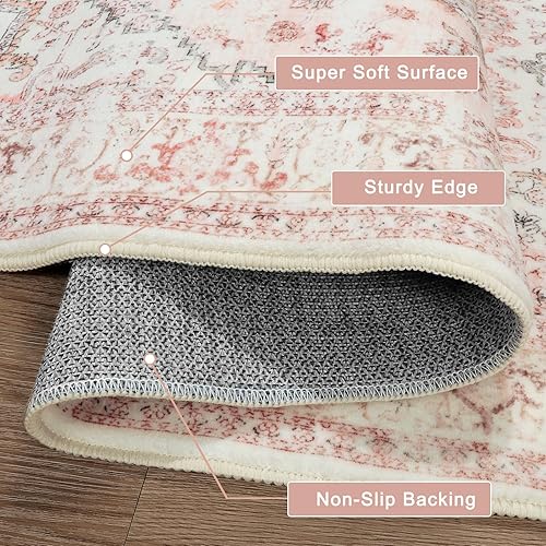 Miniatura 2 de LIVEBOX Alfombra lavable rosa de 5 pies  Alfombra circular vintage de medallón para dormitorio, alfombra de pelo bajo con estampado tribal para