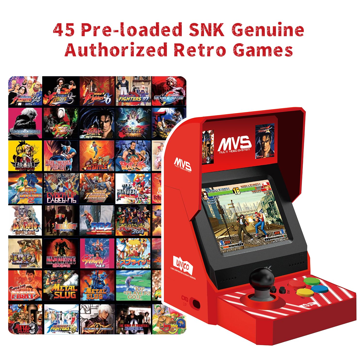 UNICO MVS Mini Arcade e 2 Gamepad Rosso Combo, inclusi 45 SNK Retro Games pre-caricati