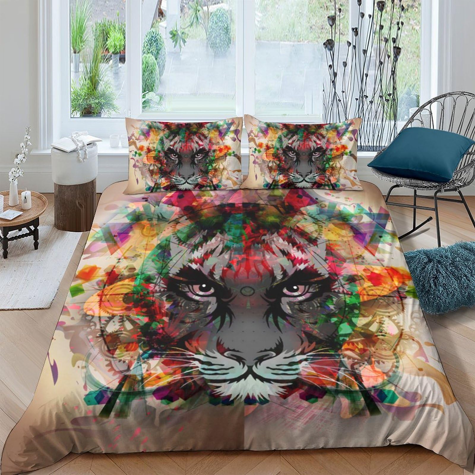 P5V6M1Q9 3D Printed Colorful Tiger Duvet Cover Microfiber Soft Breathable Wild Animal Quilt Cover Set with 2 Pillowcases for Bedroom Decor Single（135x200cm）