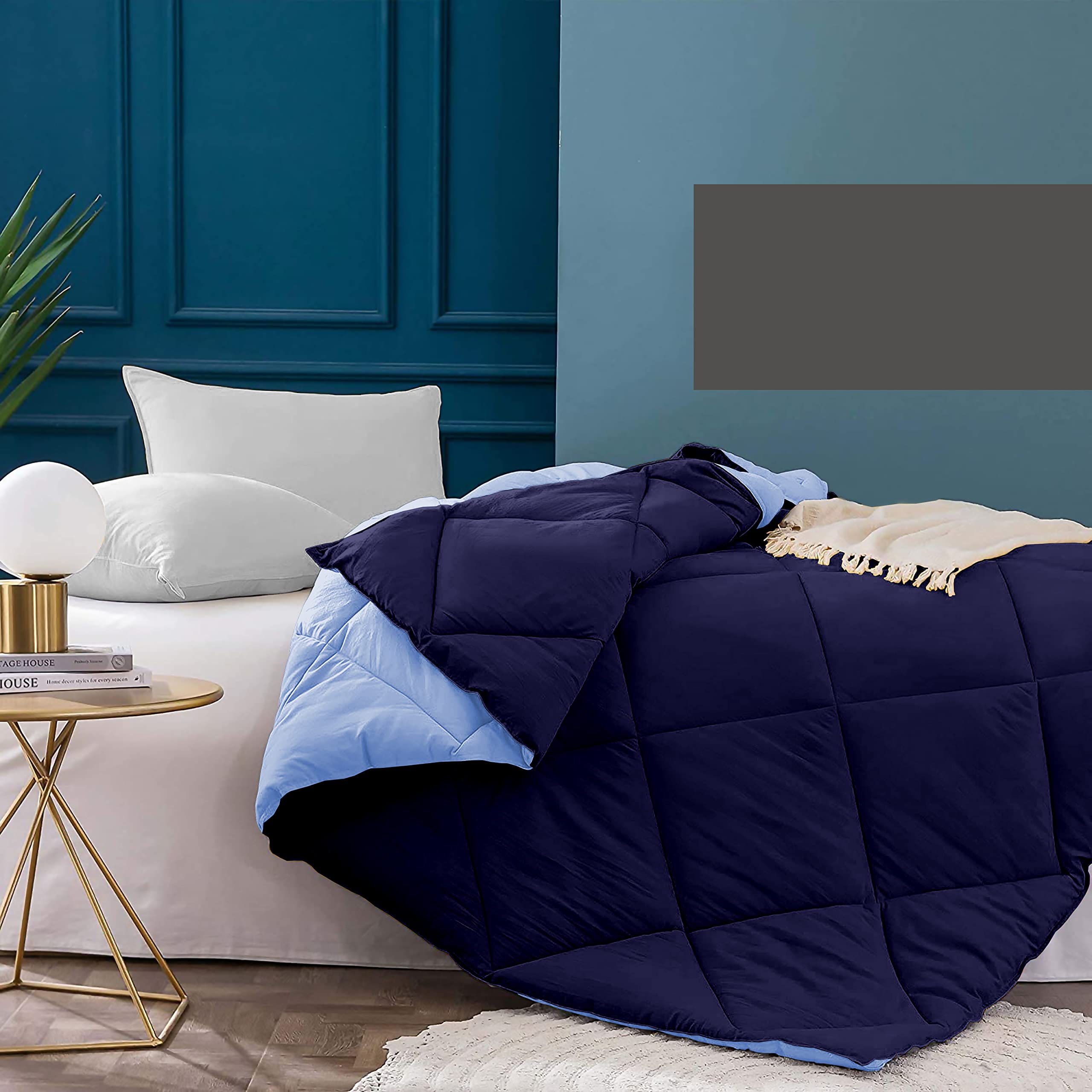 EDMUND Reversible Single Bed Comforter/Blanket/Quilt/Rajai 220 GSM Soft Microfiber Diamond Stitch (60" x 90" Inches/152cm x 228cm) - Comforter Single Bed|Navy & Sky Blue 1
