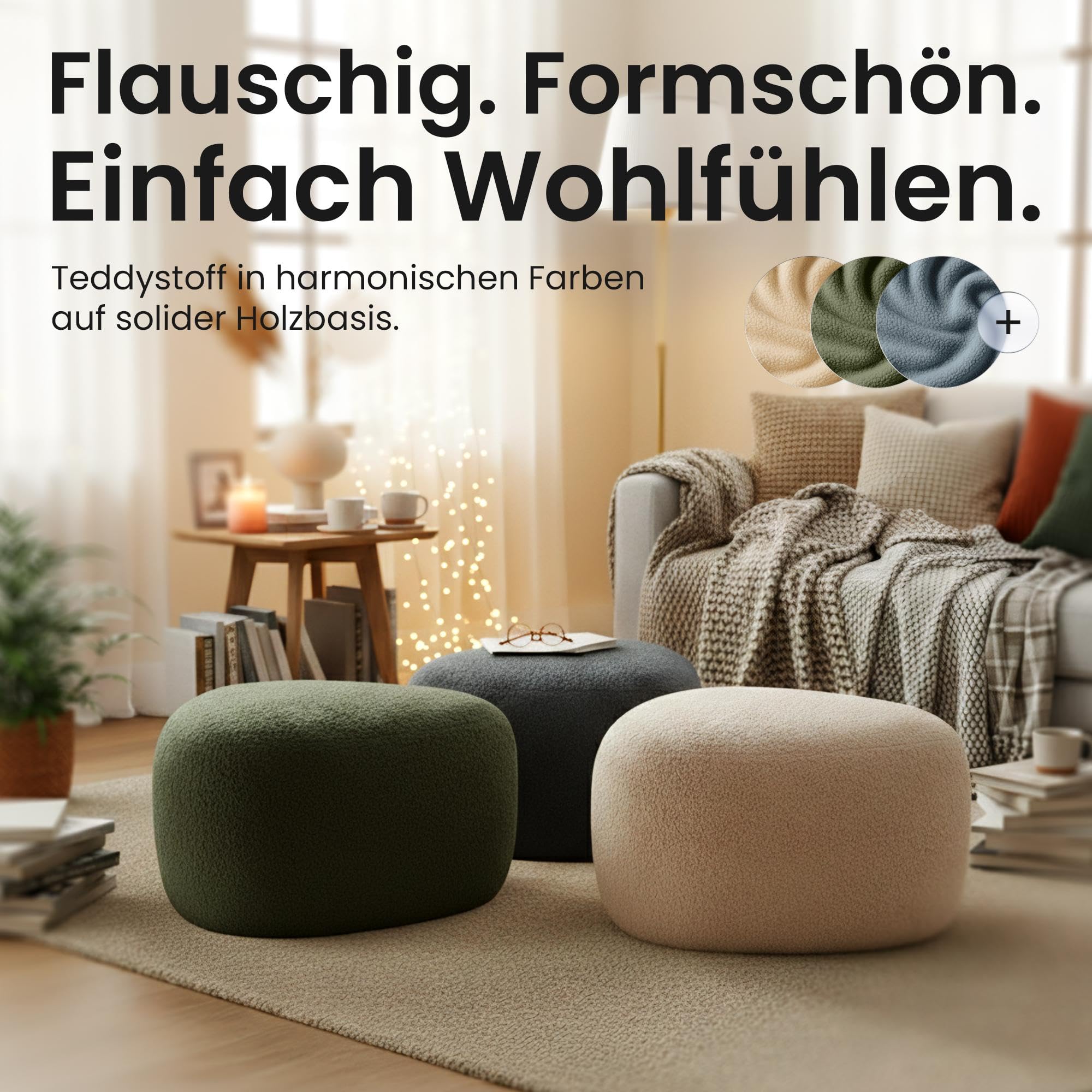 CLP Sitzhocker oval Alfrisa, Polsterhocker mit Teddystoff, Fußhocker gepolstert für Wohnzimmer und Schlafzimmer, Holzgestell stabil Farbe Creme