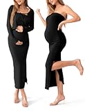 SUNNYBUY Baby Shower Maternity Tube Dress Short Cardigan Bodycon Ribbed Maxi Dress Casual 2 Piece Pregnancy Outfit Set