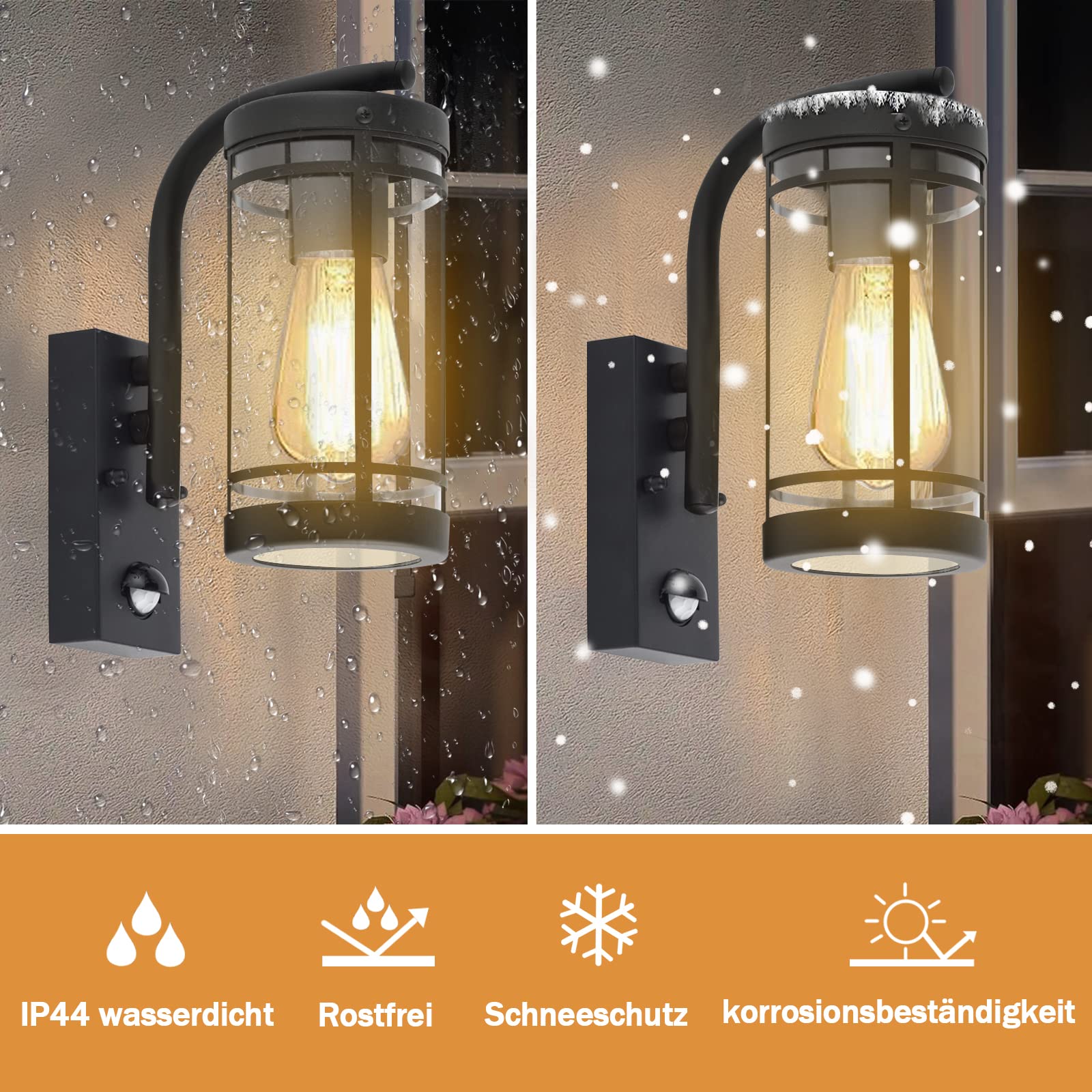 Aussenlampe mit bewegungsmelder,Edelstahl,IP44 wasserdicht,Anthrazit | E27 Fassung Moderne Außenlampe für Garten, Fassade und Haustür